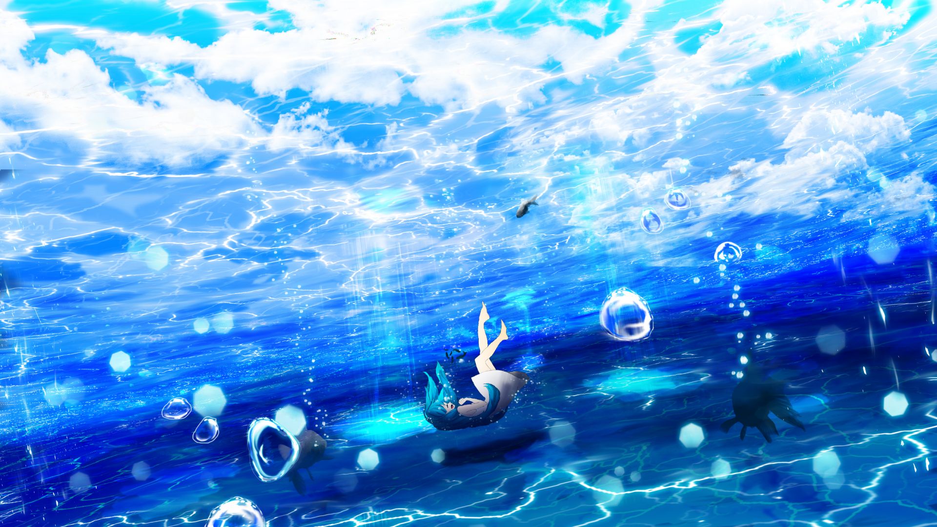 Wallpaper Underwater, dive, anime girl, blue hair, original