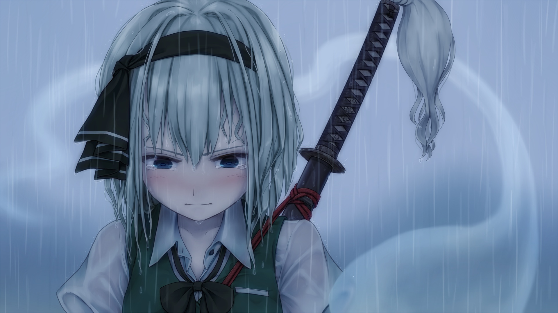 Wallpaper Rain, Youmu Konpaku, Touhou, anime girl, katana