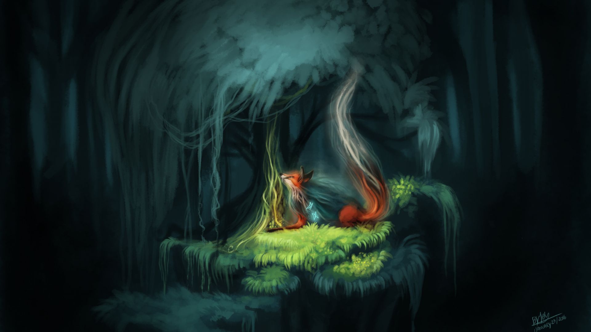 Wallpaper Red Fox, relaxed, tree, forest, dark, art