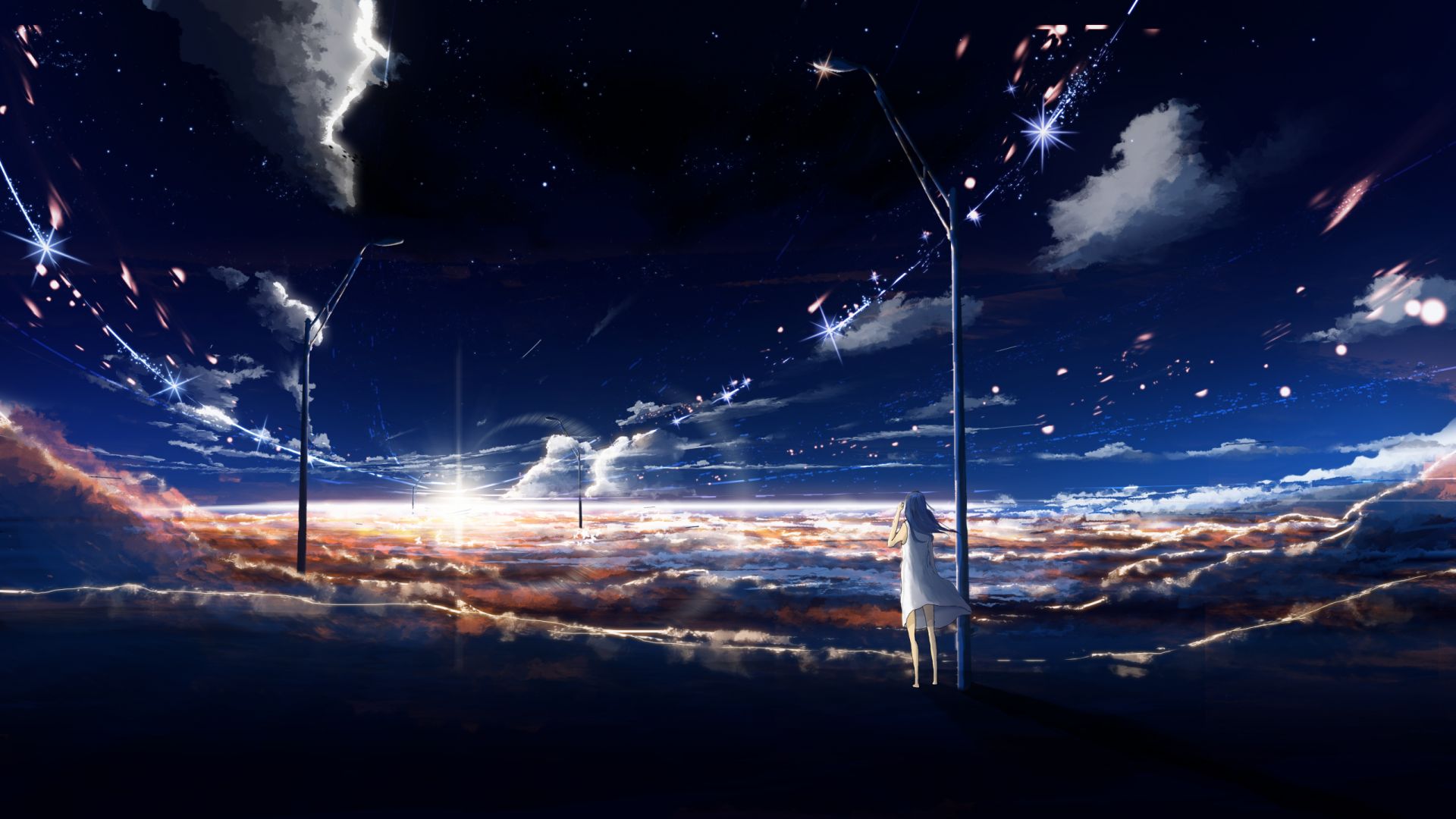 Desktop Wallpaper Anime Girl Night Nature Clouds Sky Hd Image
