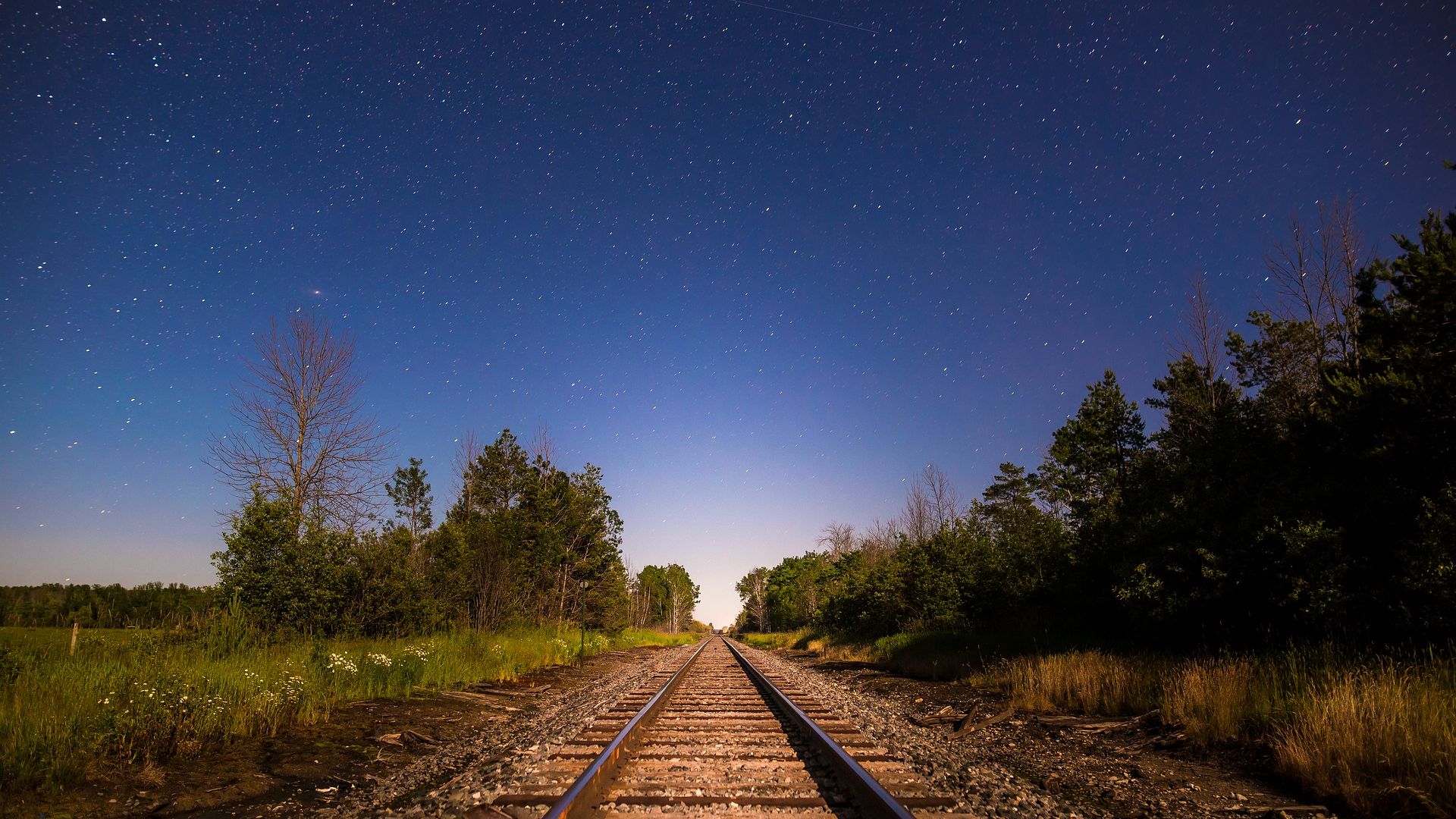 Wallpaper Railroad, track, sunset, stars, landscape