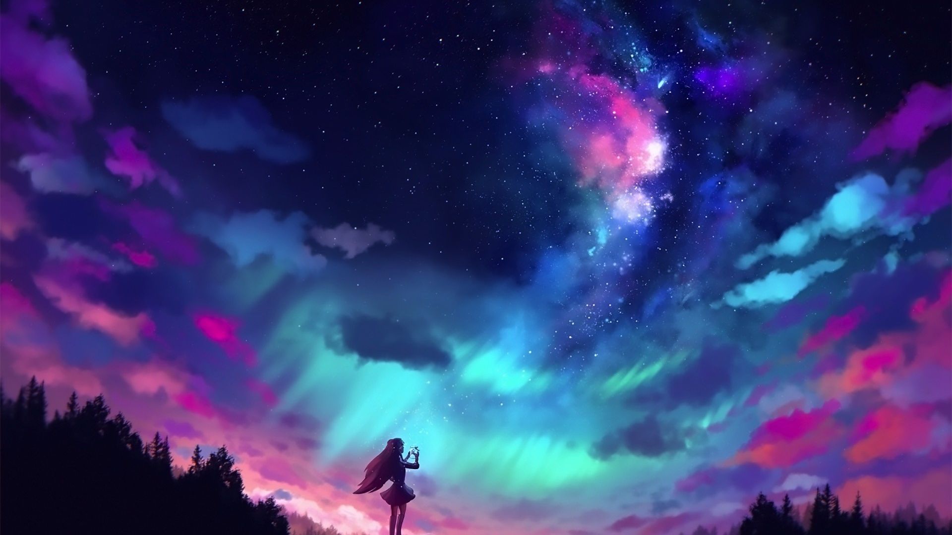 Wallpaper Anime girl, night, colorful, original