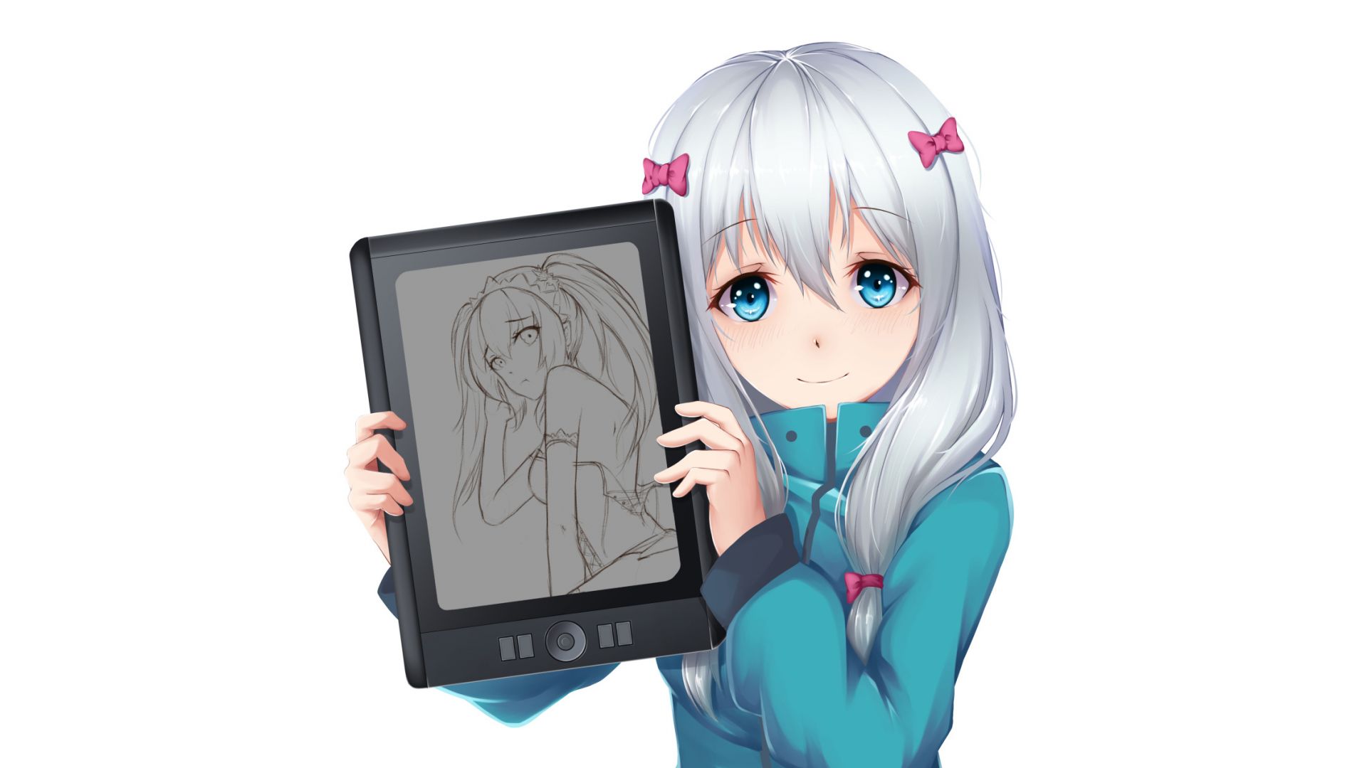 Wallpaper White hair, anime girl, sagiri izumi, tablet