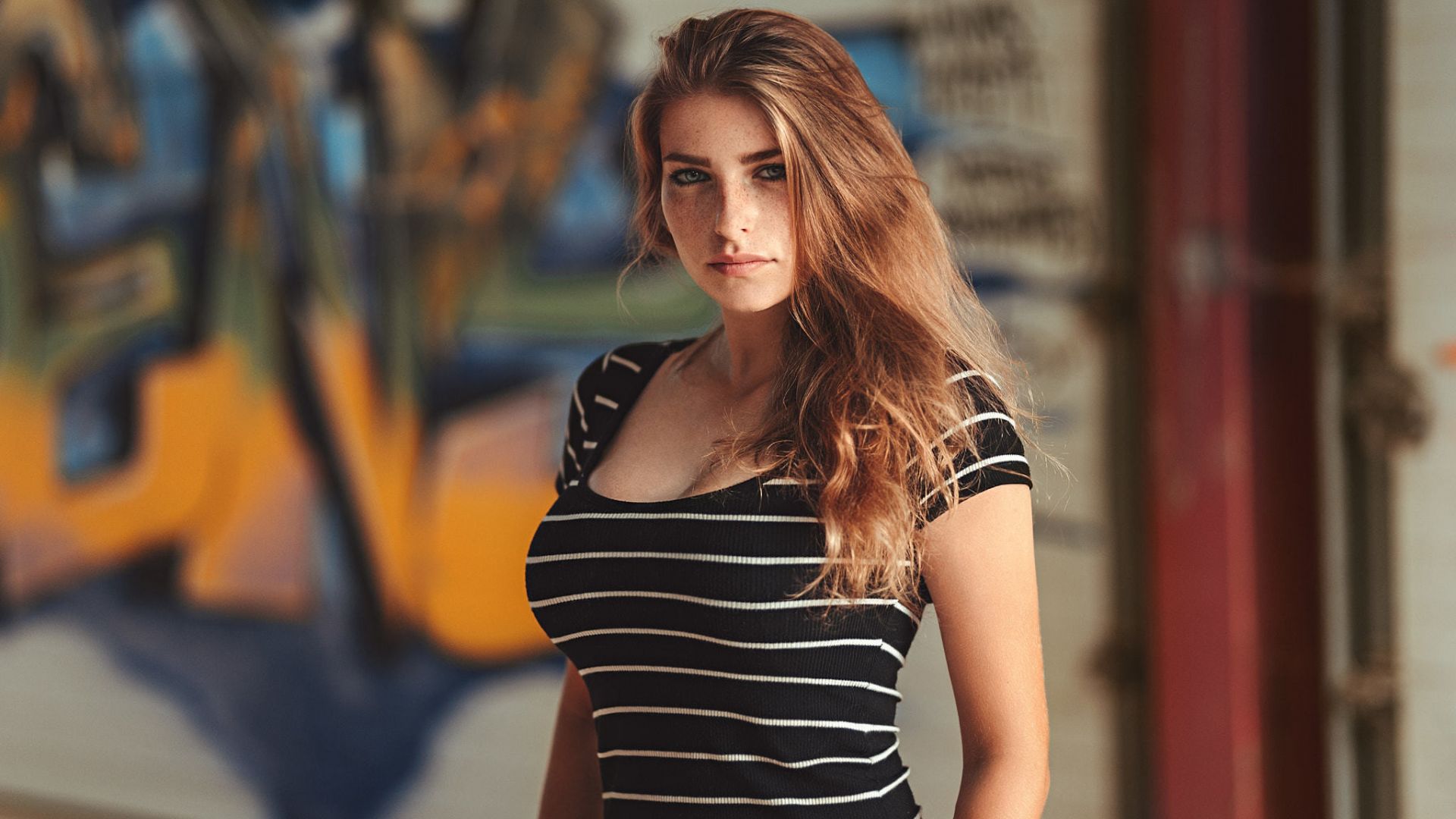 Wallpaper Striped t-shirt, blonde girl, model