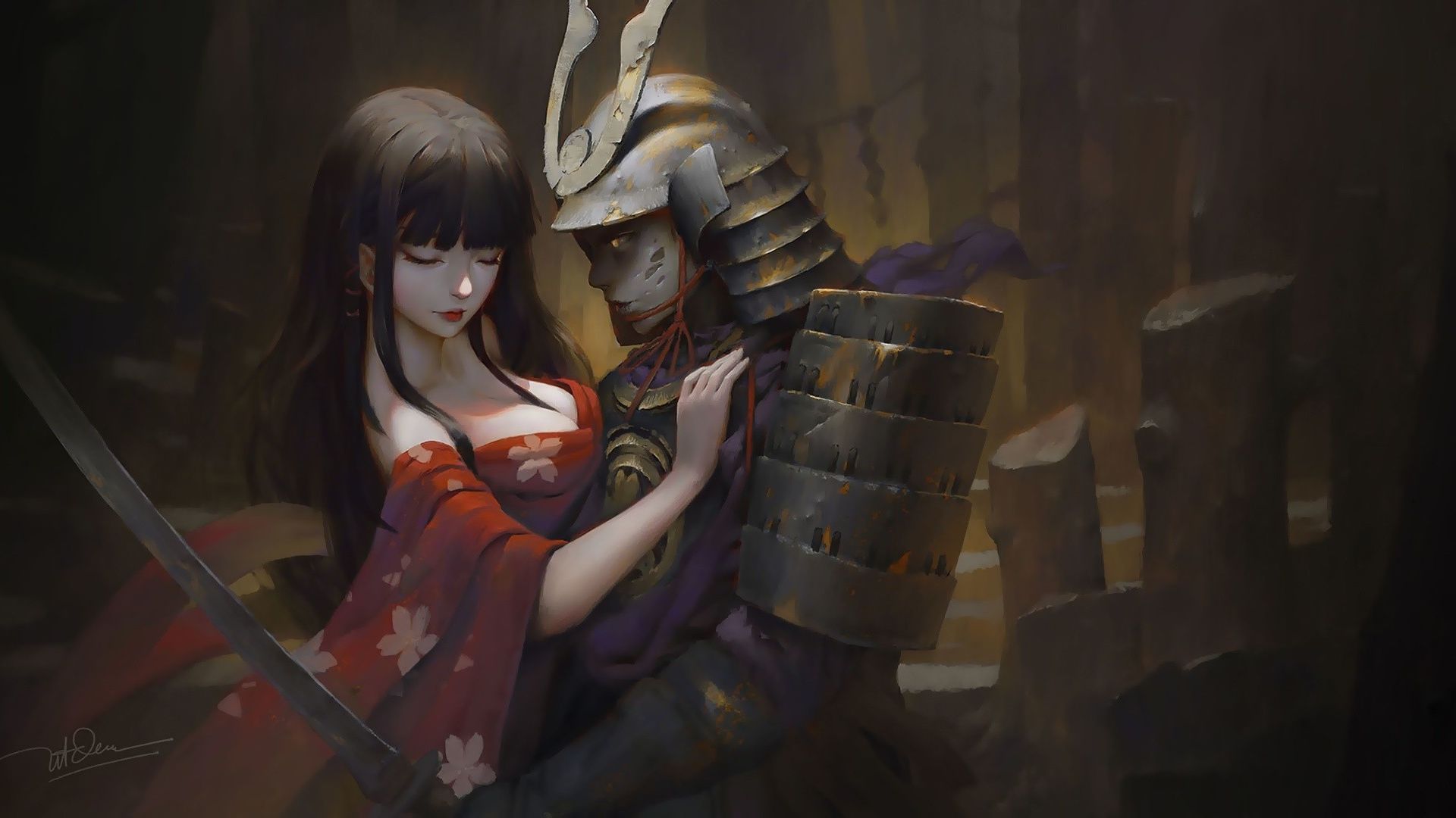 Wallpaper Girl, samurai, warrior, fantasy, art