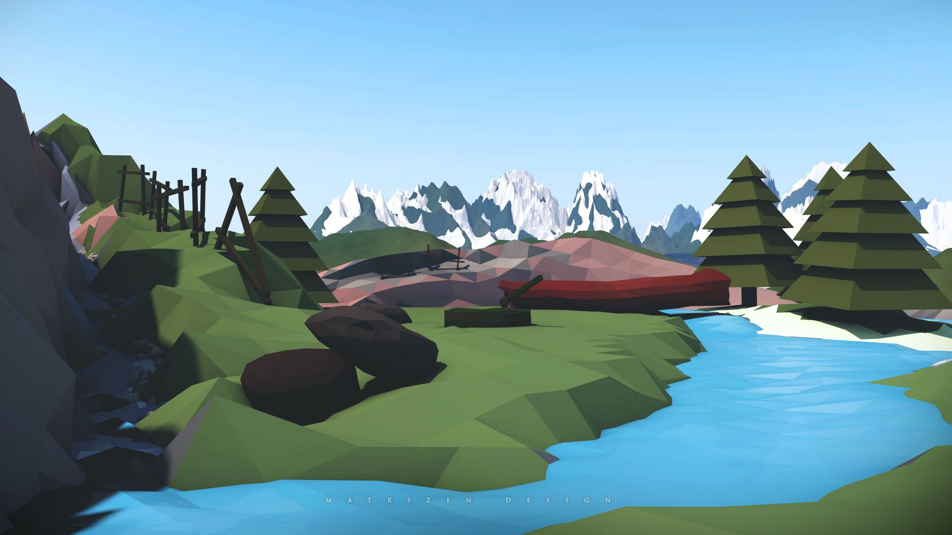 Wallpaper Low poly, nature, mountains, river, tree