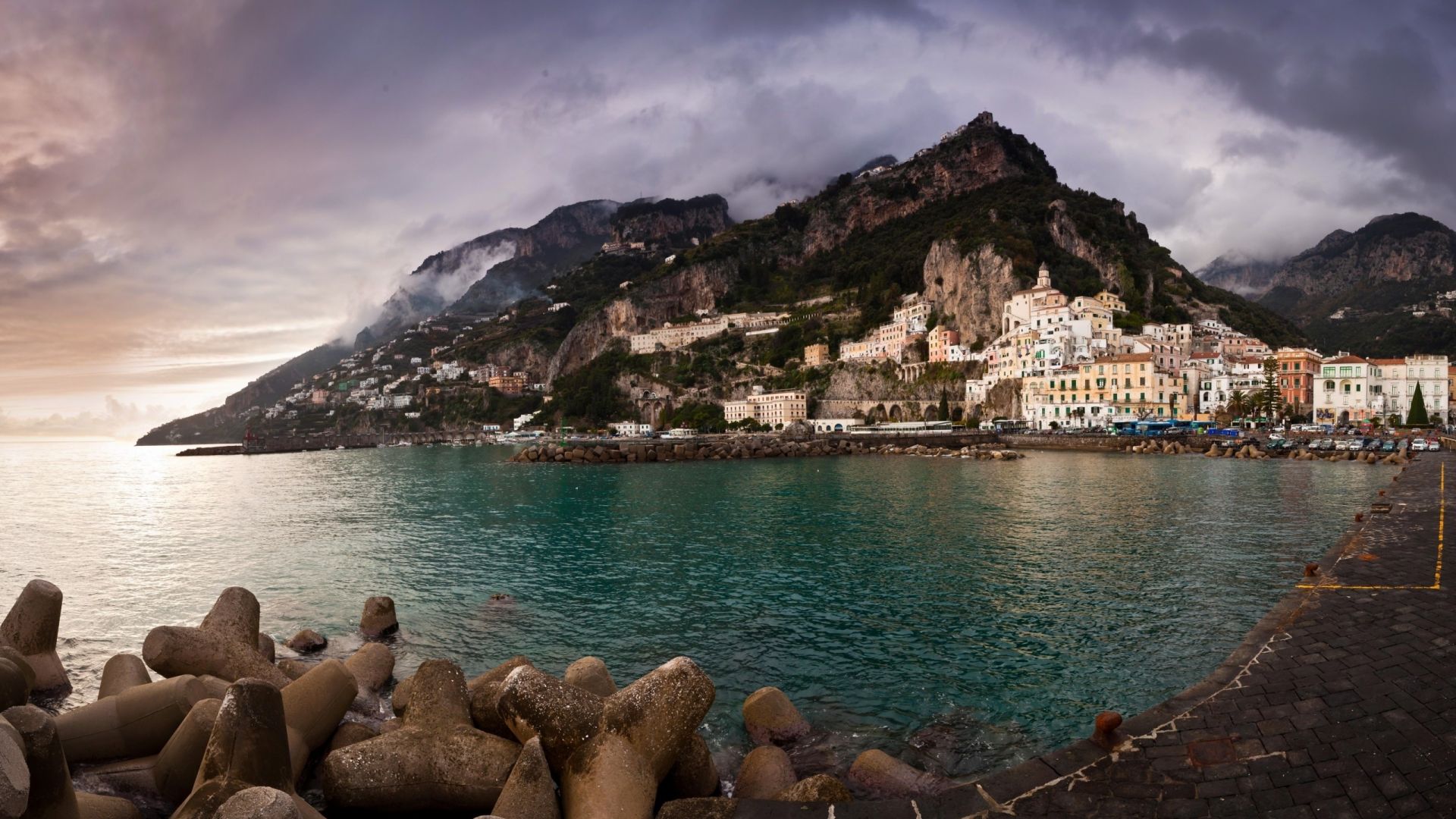 Wallpaper Coastal town, Amalfi, sea, mountains