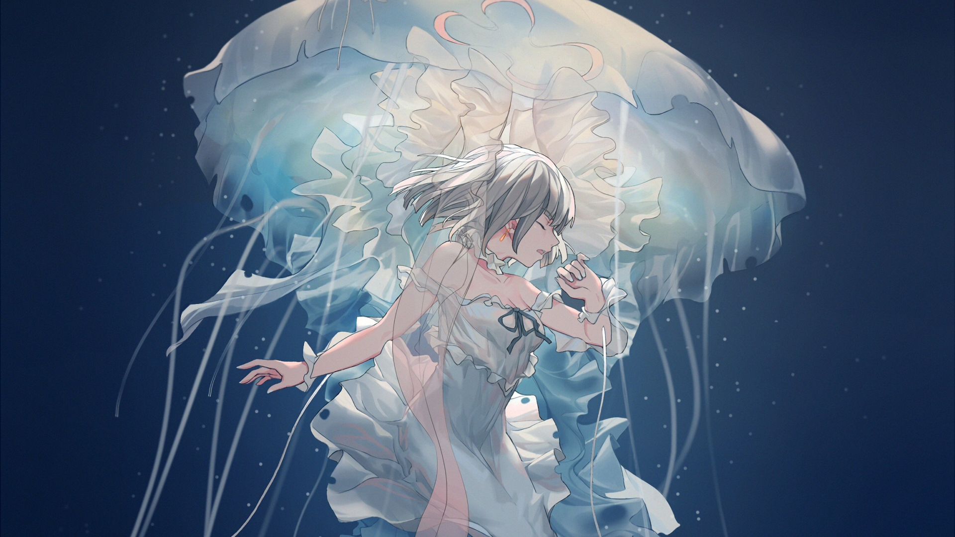 Wallpaper Underwater, anime girl, close eyes, jellyfish