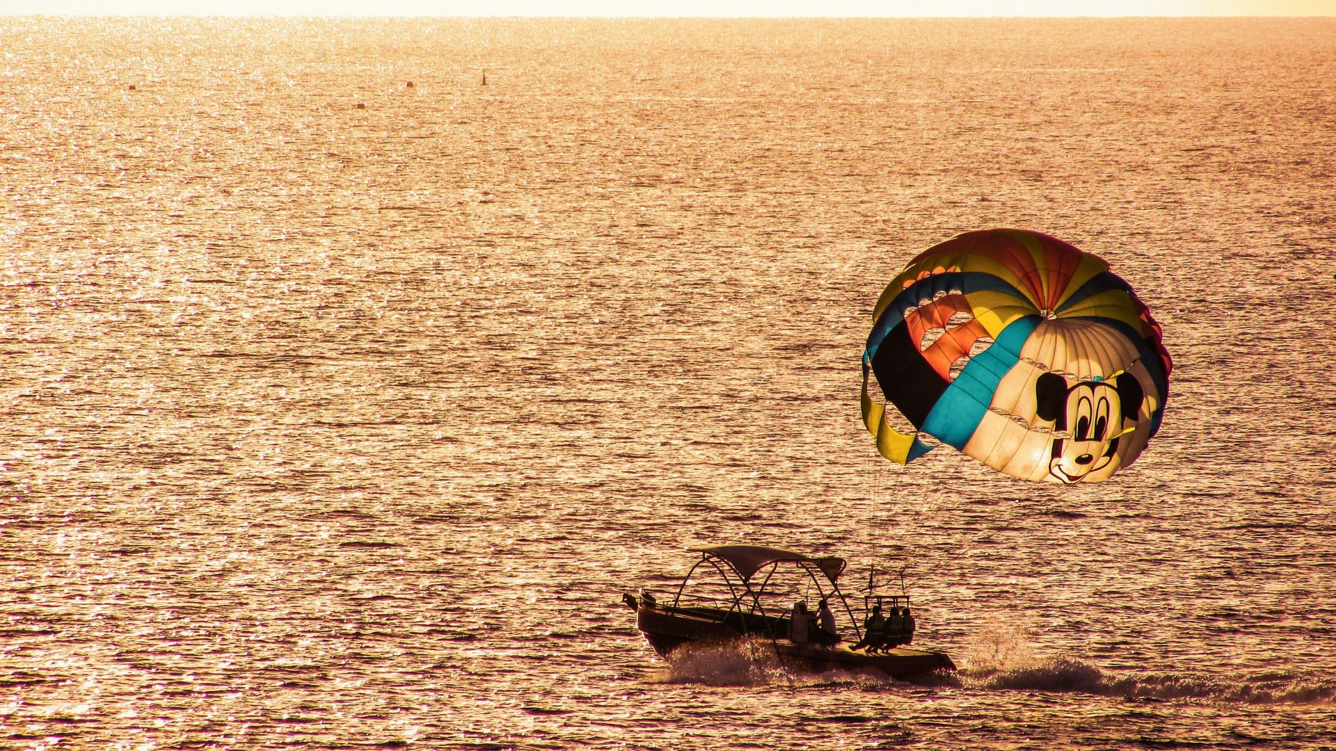 Wallpaper Parasailing, paragliding, boat, sea, and sunset