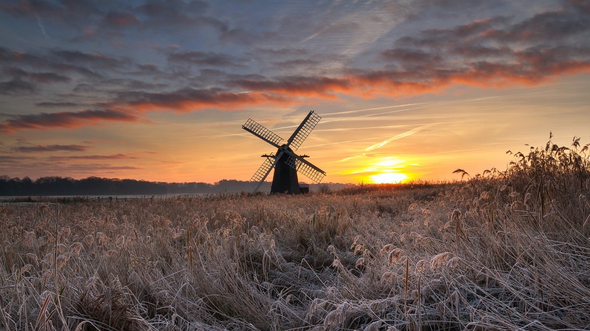 Wallpaper Grass field, windmill, sunset