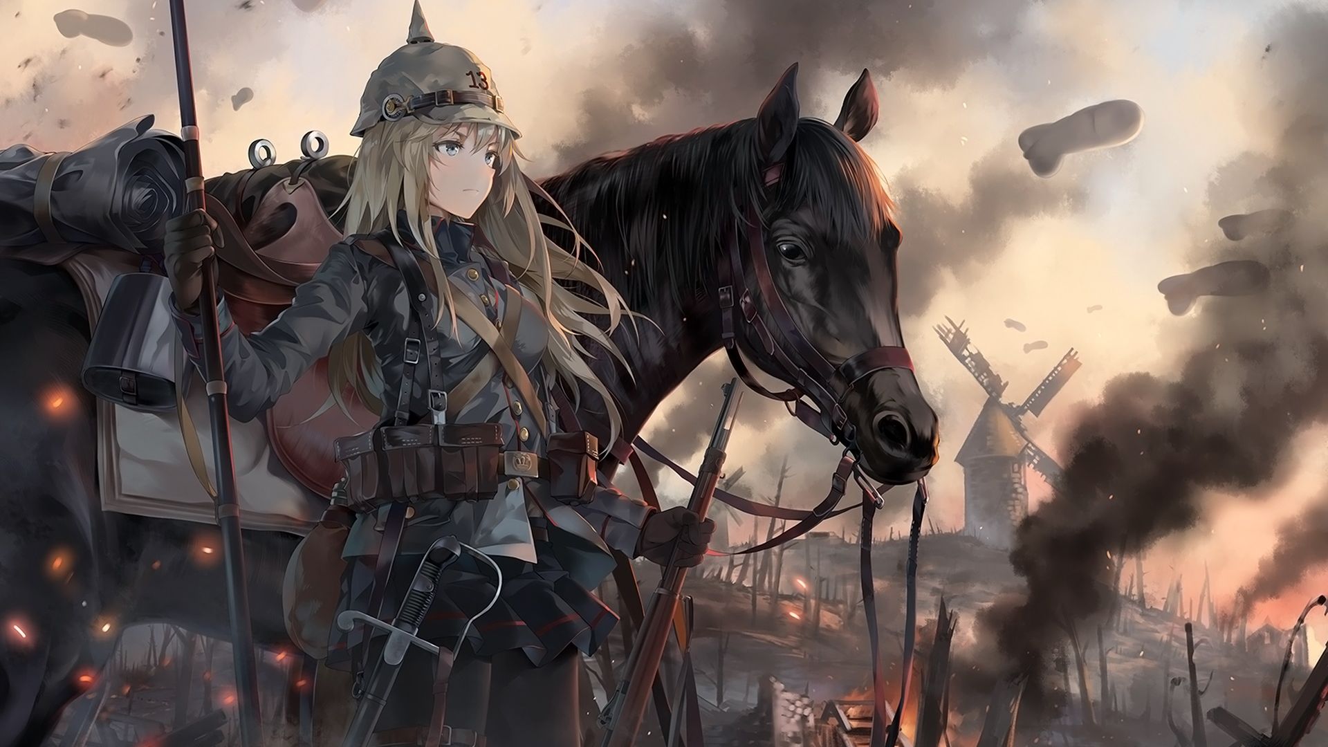 Wallpaper Battlefield, anime girl, horse