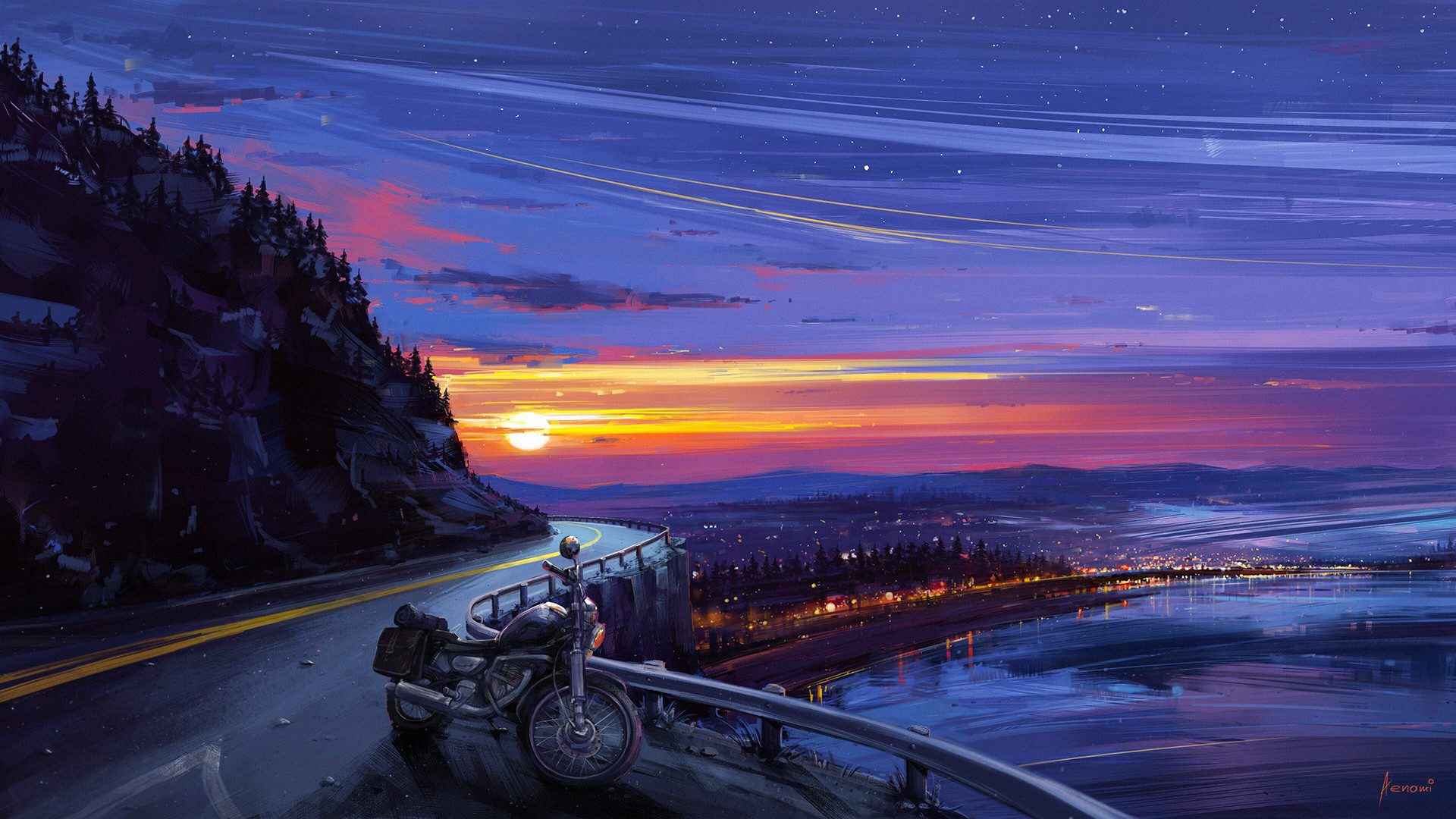 Wallpaper Sunset, motorcycle, road, skyline, illustration, art