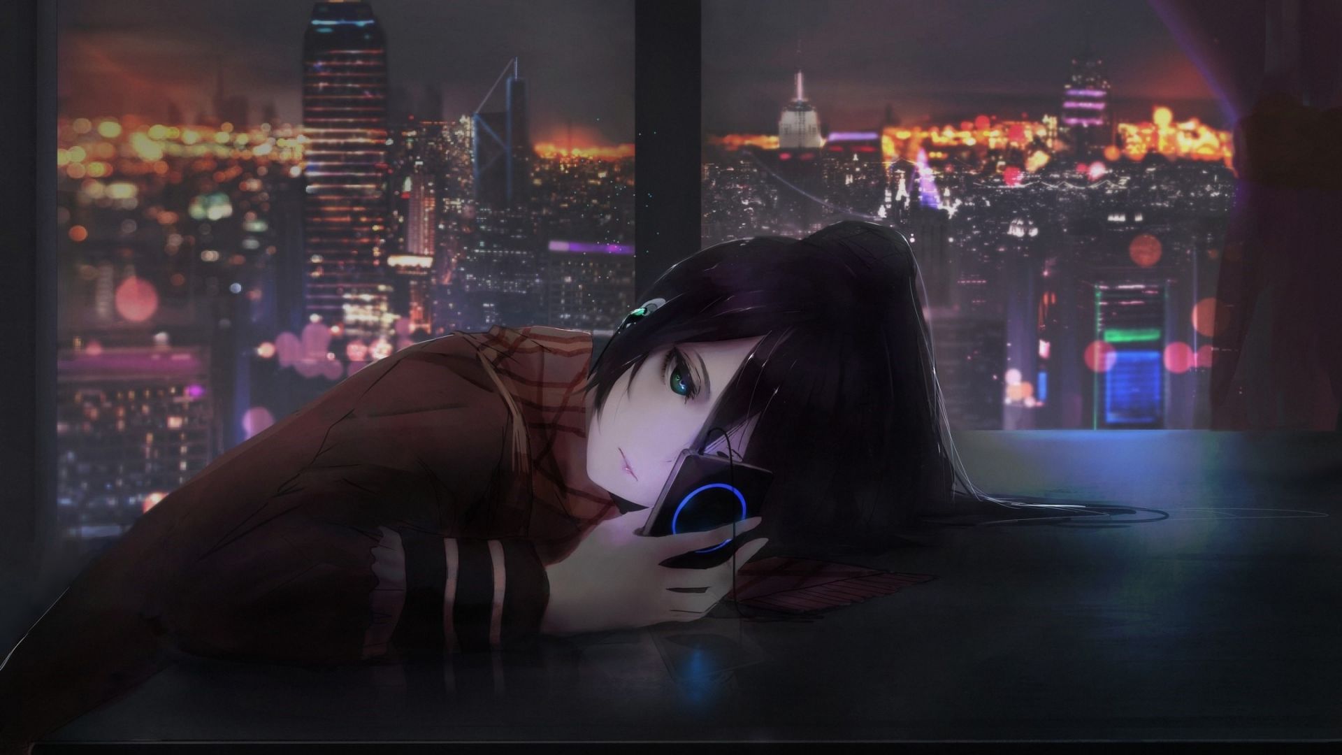 Wallpaper Anime girl, listening songs, night