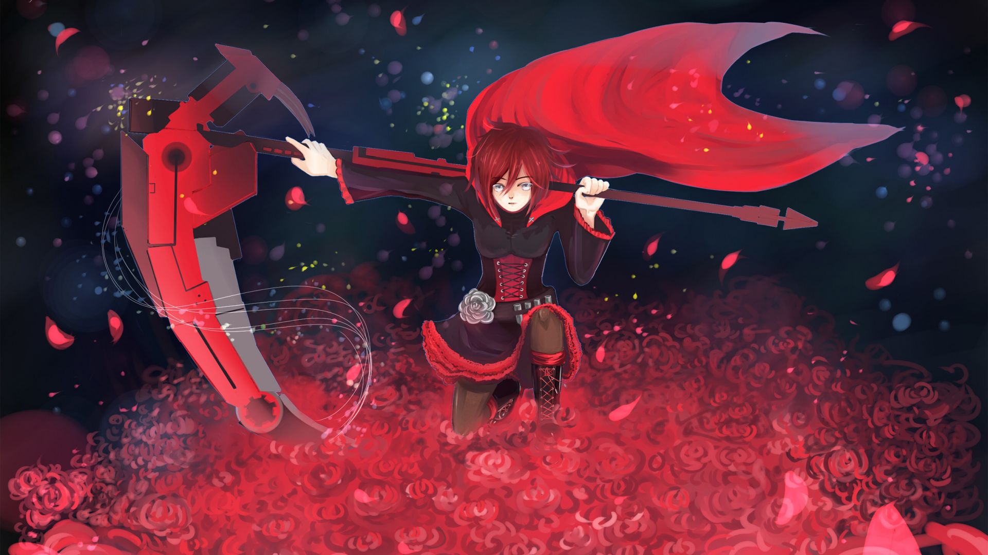 Wallpaper Sitting, red, anime girl, Ruby Rose, RWBY