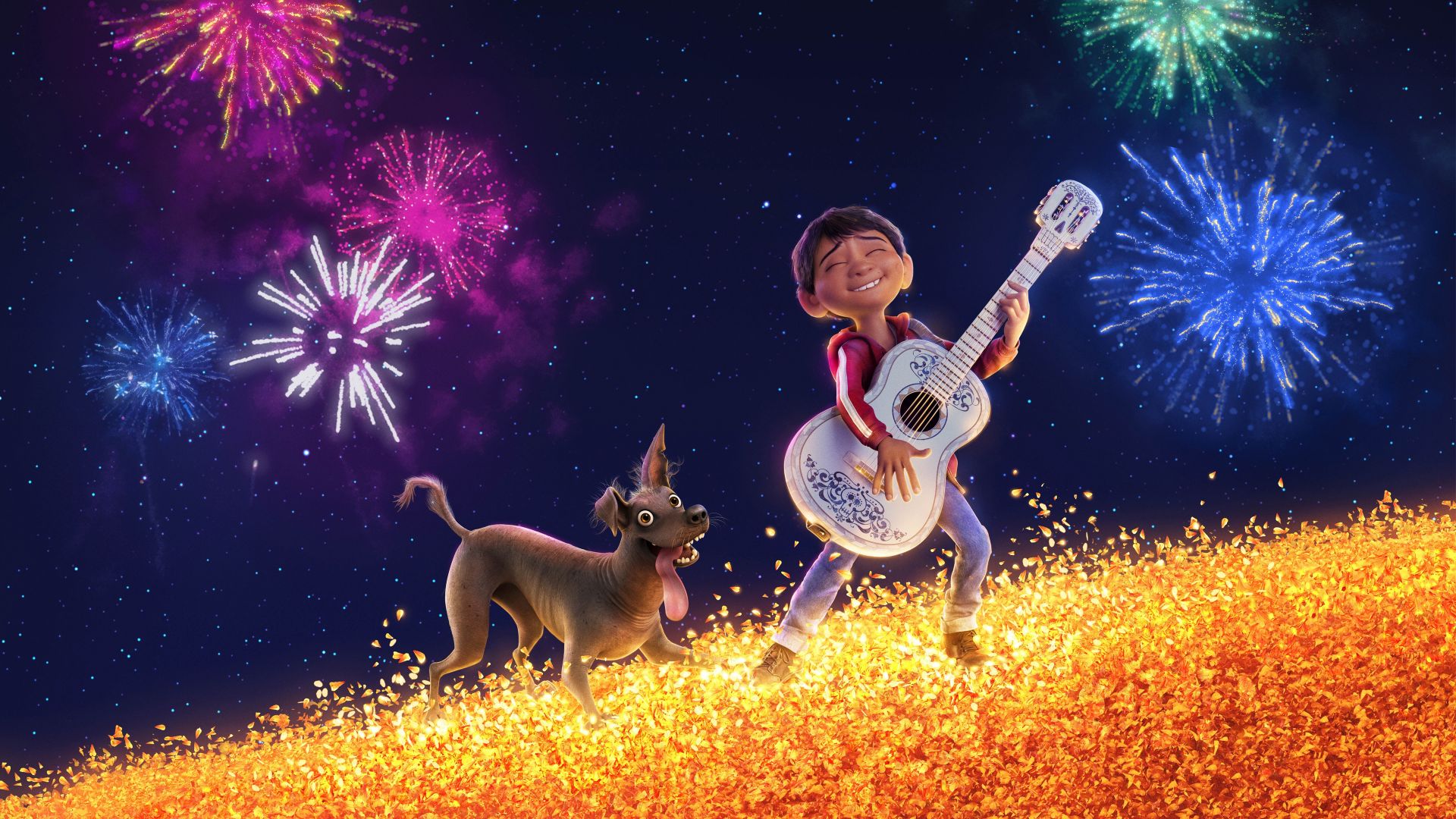 Wallpaper Coco, movie, dog and ghost, fun, firework, 4k