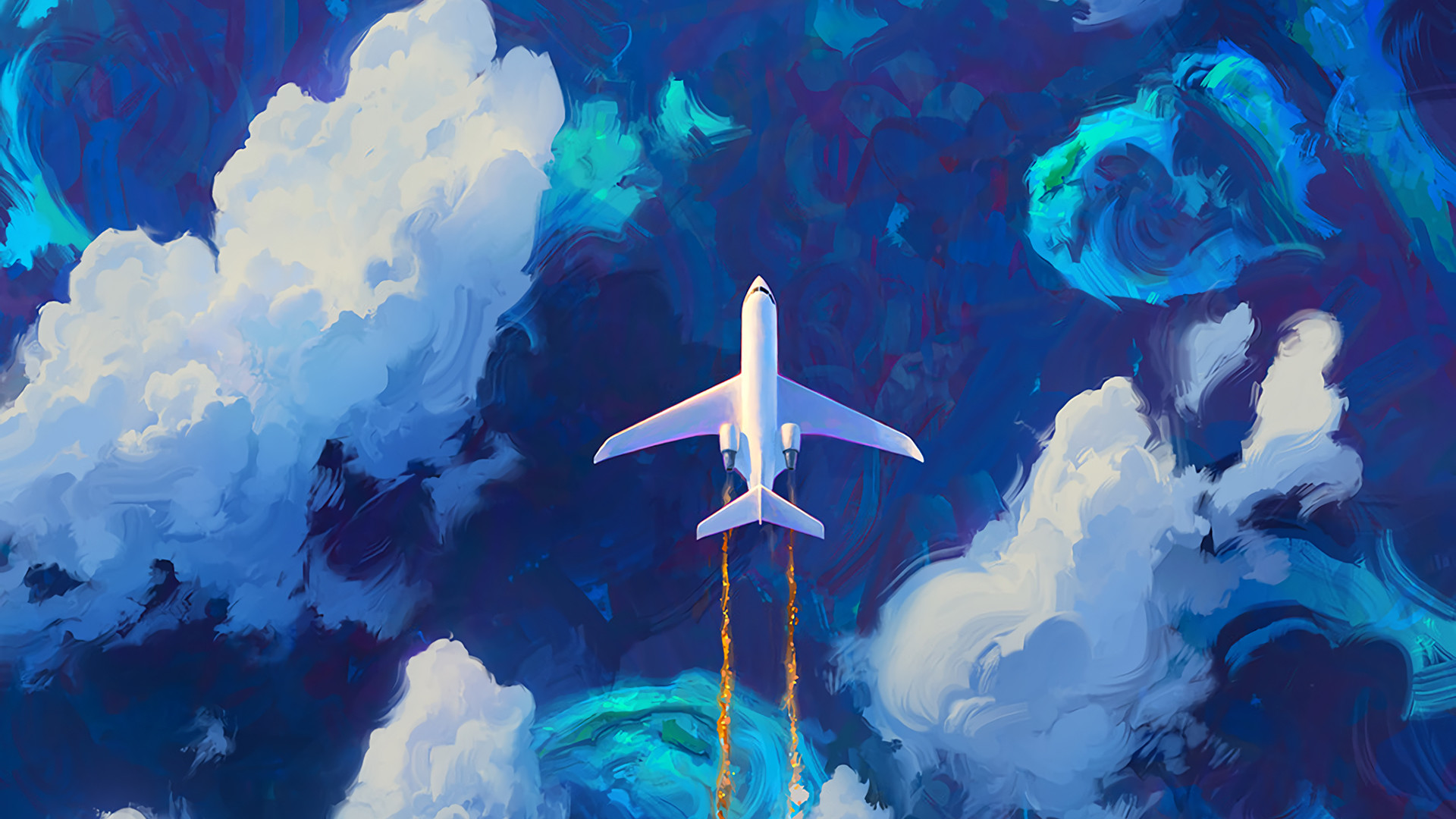 Wallpaper Flying plane in clouds, artwork