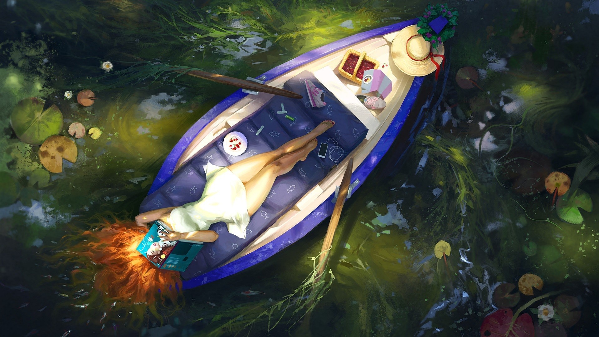 Wallpaper Boat, blonde girl, relaxed, art
