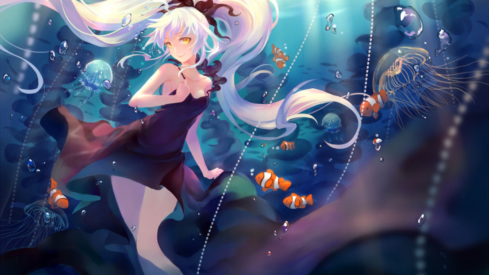 Wallpaper White hair, yellow eyes, anime girl, underwater