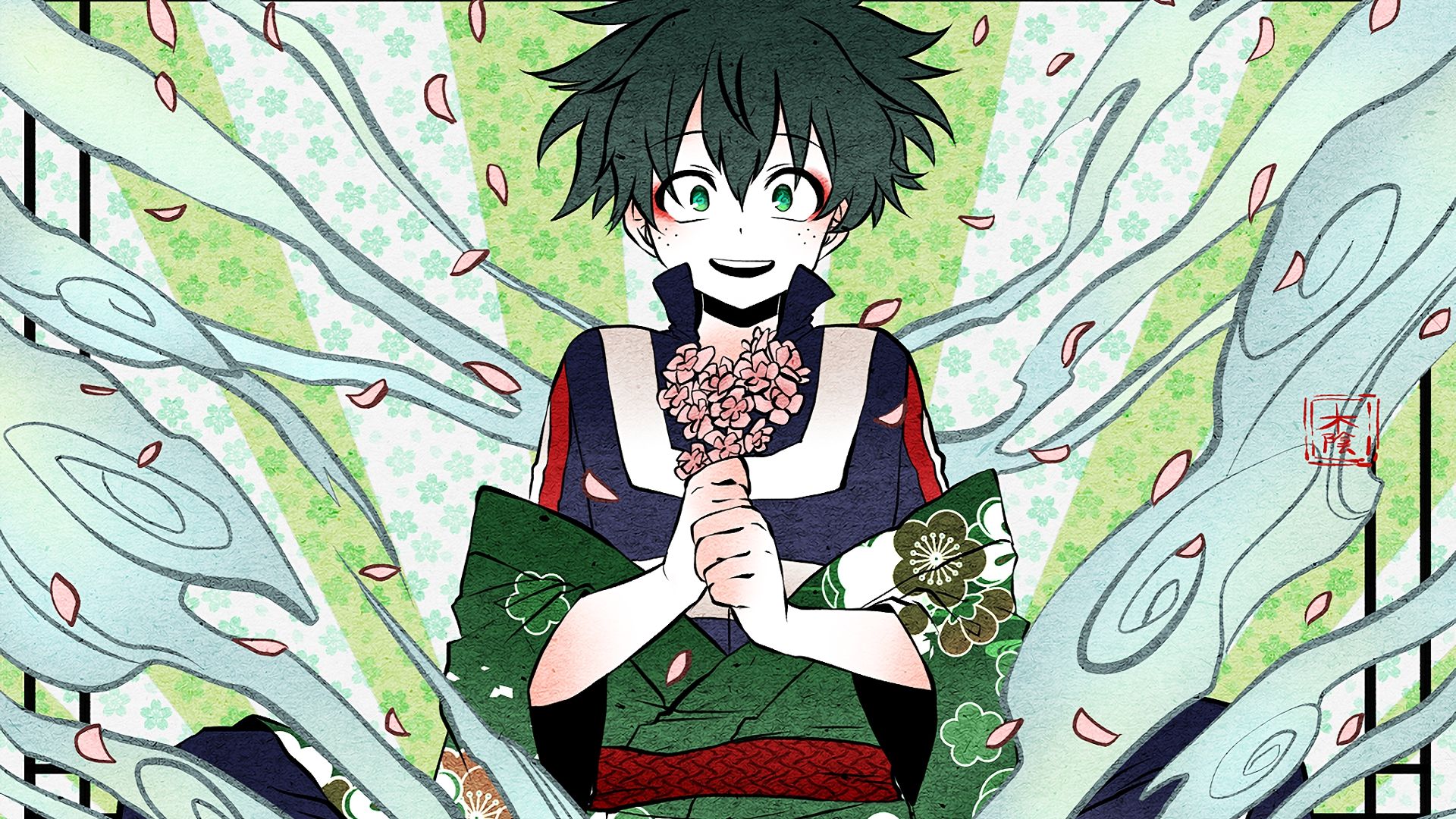 Wallpaper Izuku Midoriya, flowers, anime boy