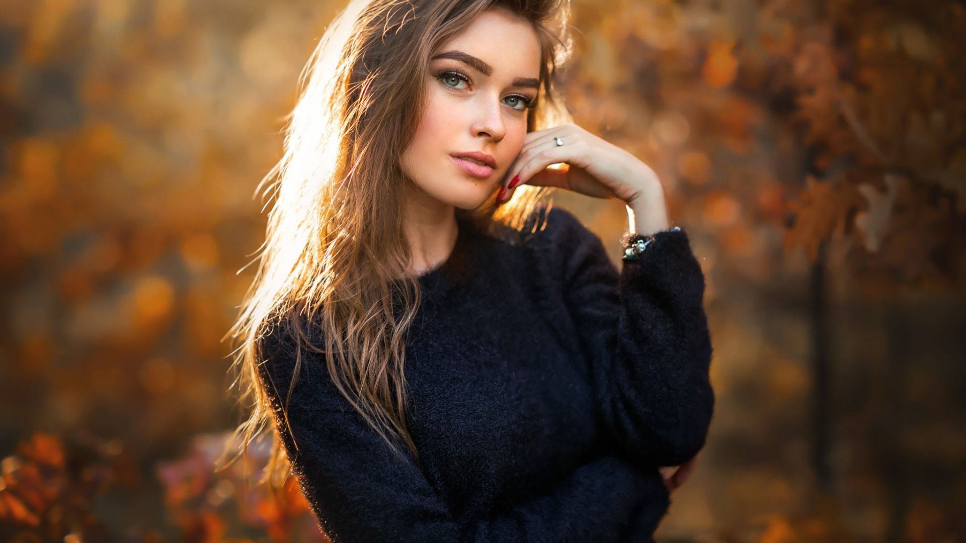 Wallpaper Autumn, outdoor, beautiful woman, brunette