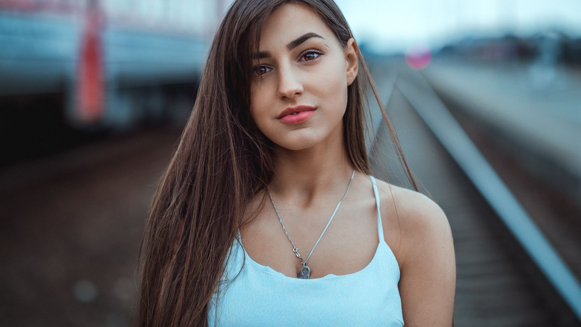 Wallpaper Long hair, brunette, railway track