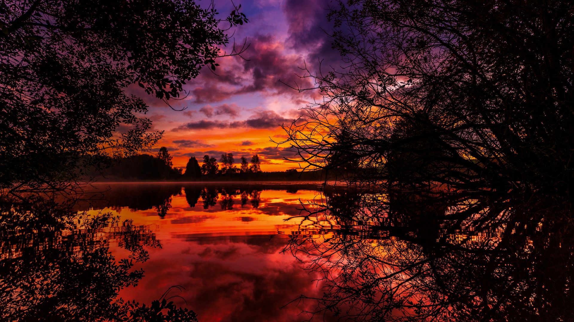 Wallpaper Sunrise, lake, trees, reflections, 5k
