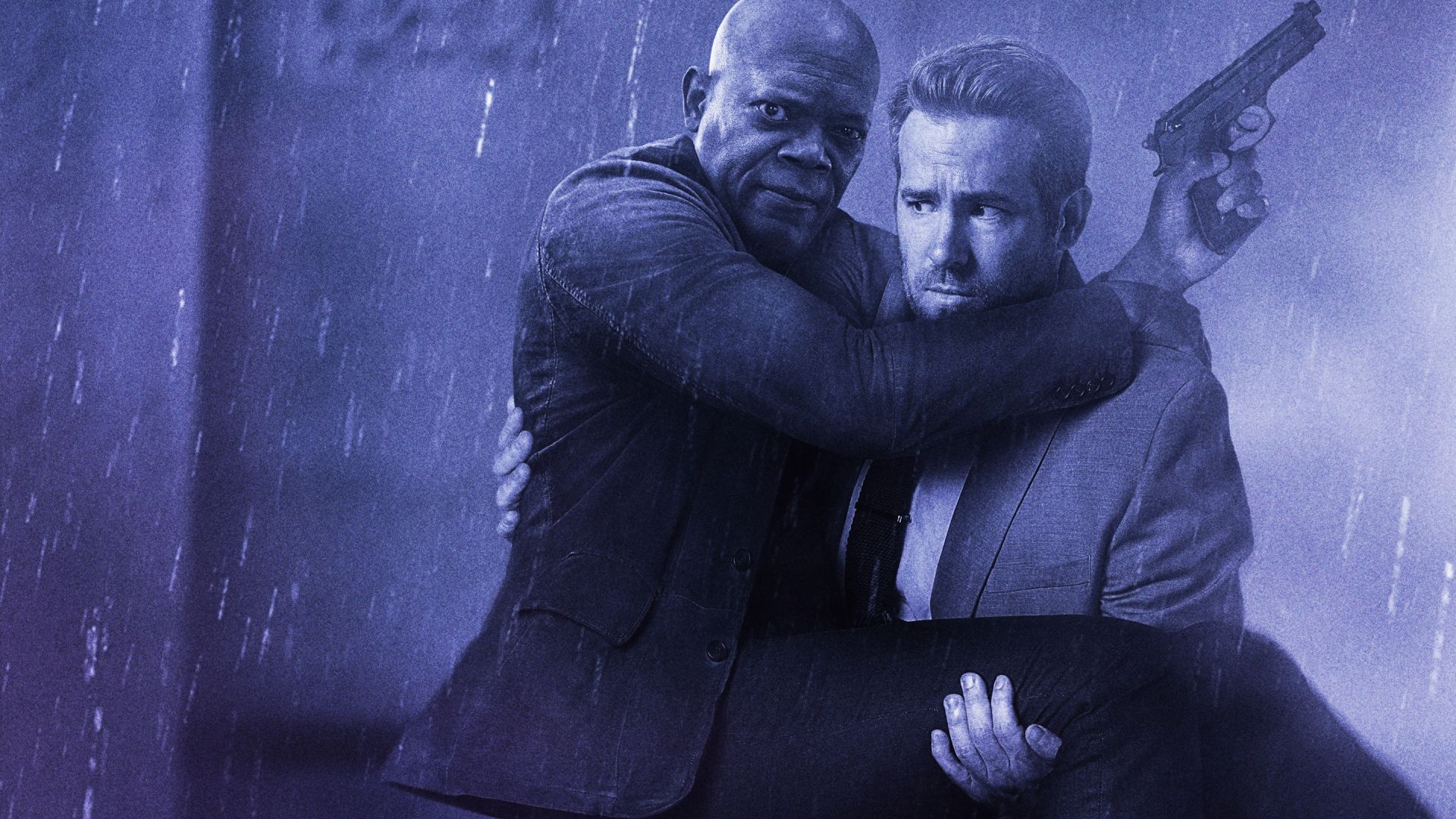 Wallpaper Samuel L. Jackson, Ryan Reynolds, The Hitman's Bodyguard, 2017 movie, poster, rain