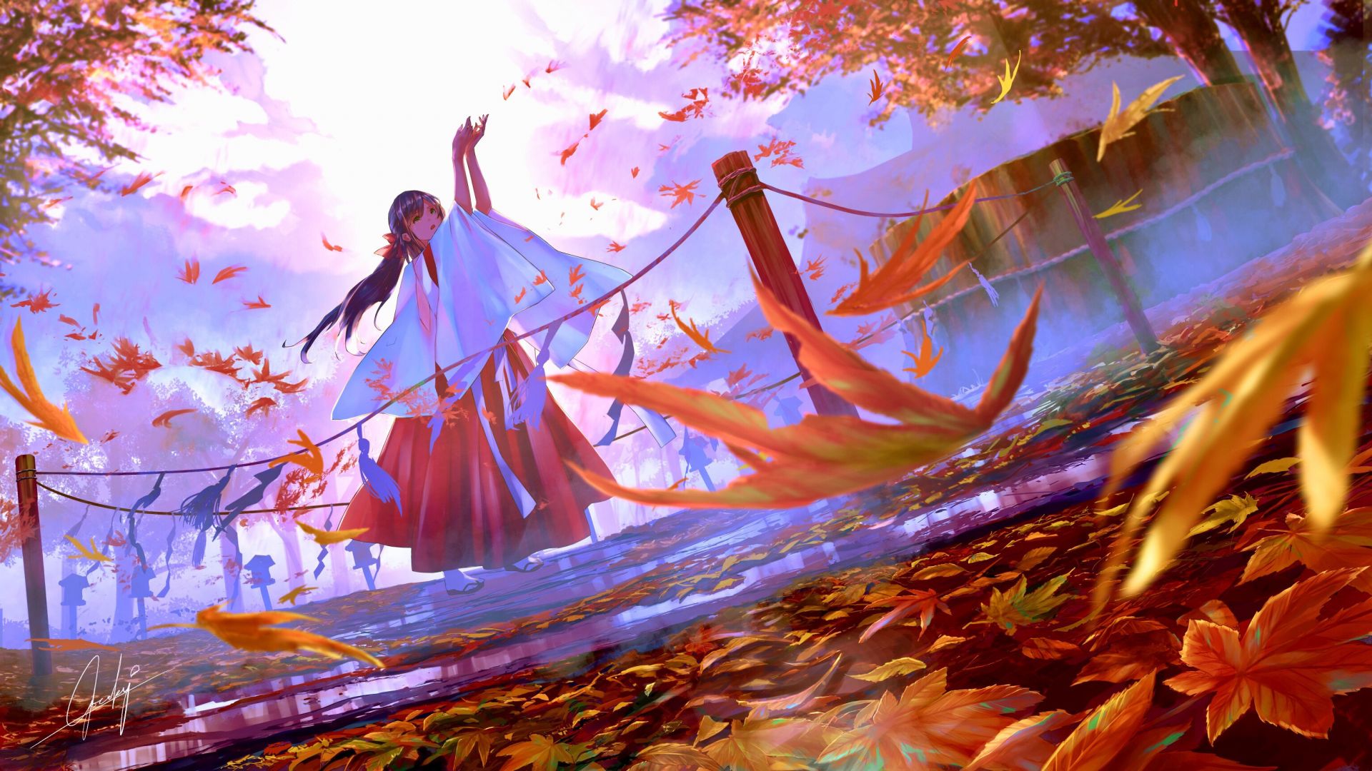 Wallpaper Autumn, leaves, beautiful anime girl