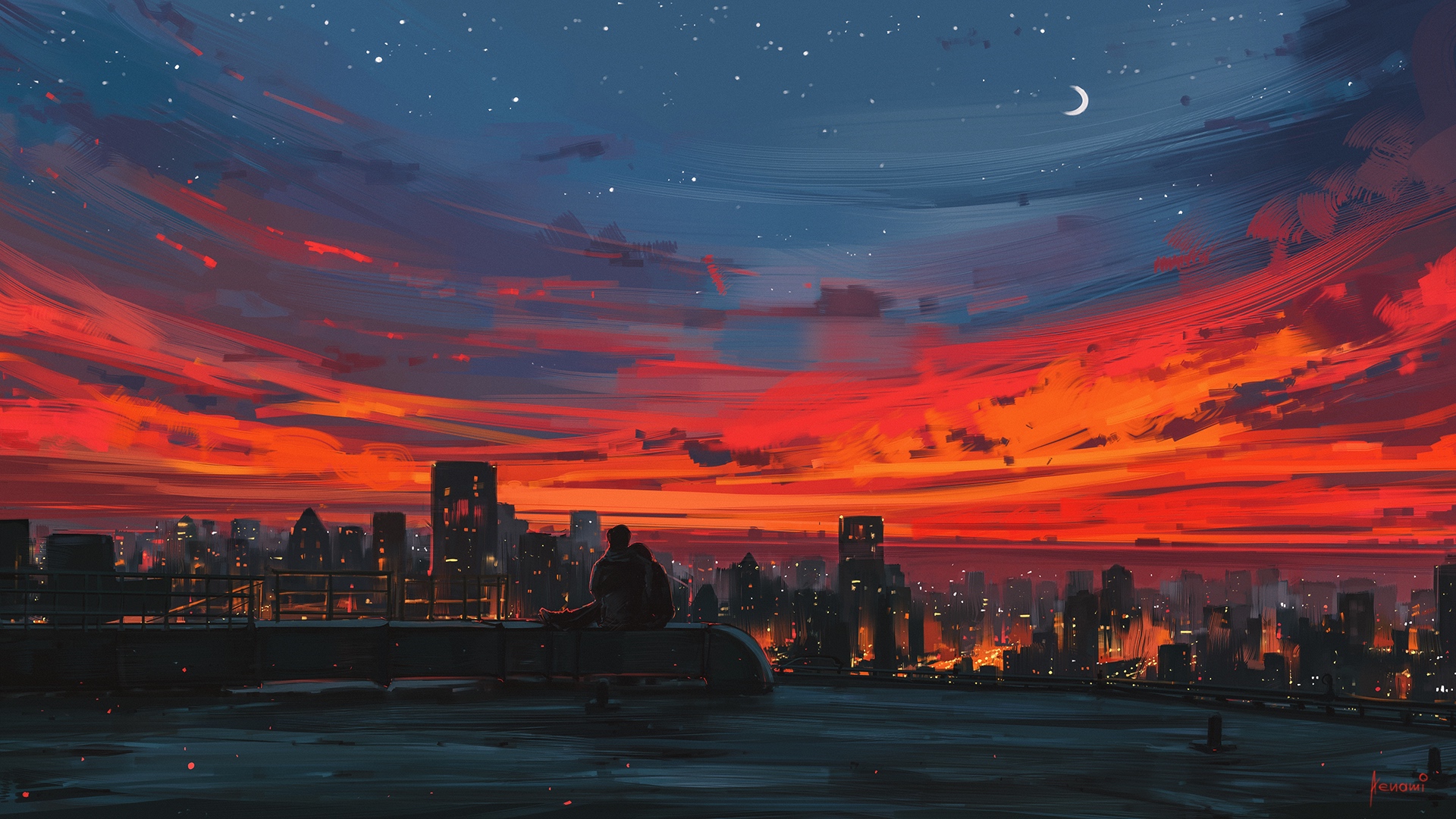 Wallpaper Sunset, cityscape, illustration, art, couple