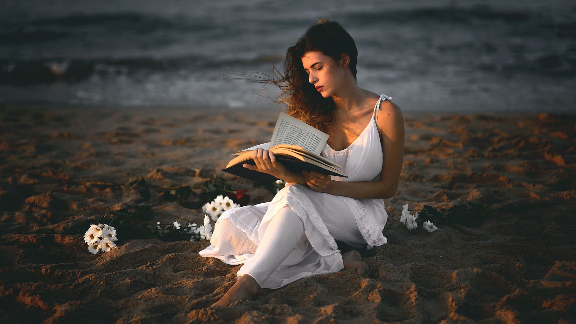 Wallpaper Beach, girl model, reading, sand, book