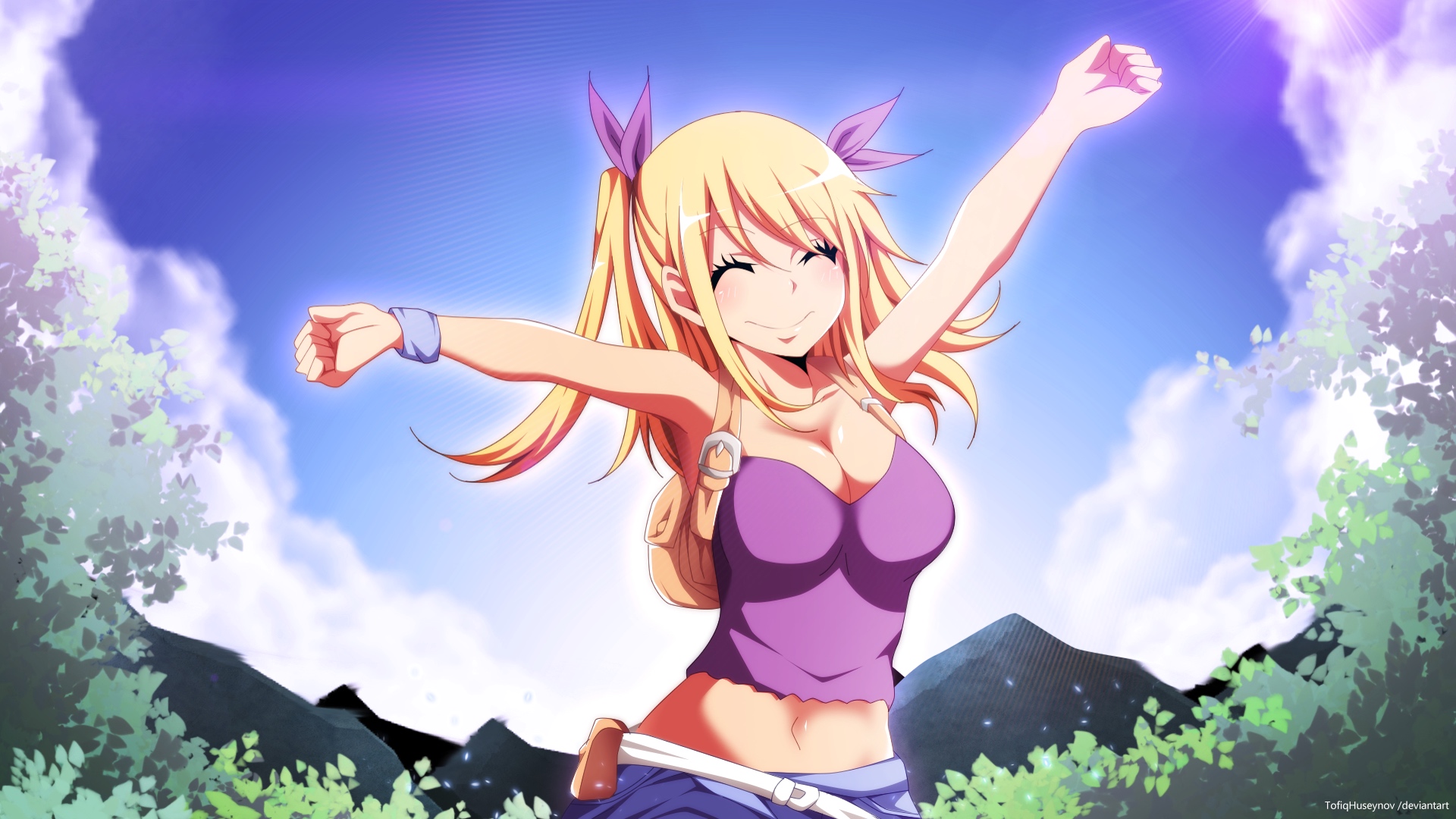 Wallpaper Happy, Lucy Heartfilia, Fairy Tail, anime girl, blonde, outdoor
