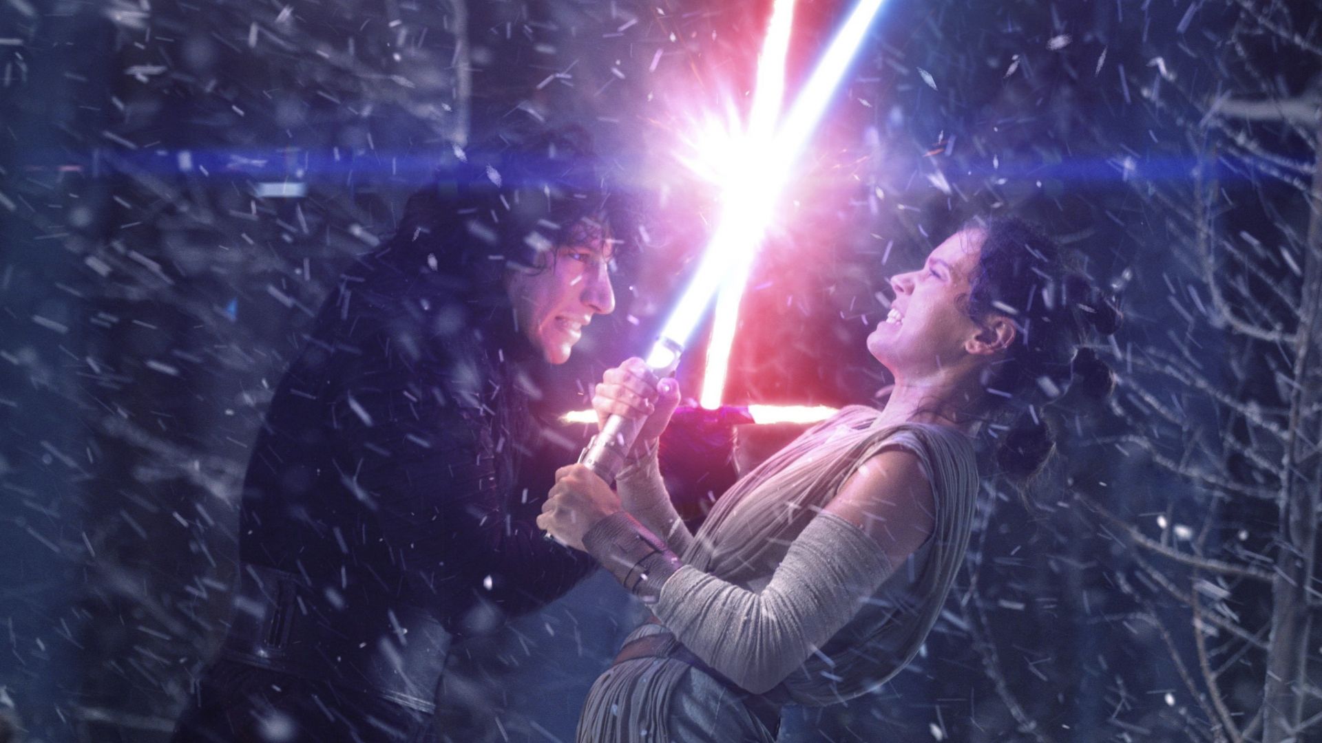 Wallpaper Rey and kylo ren, fighting with lightsaber, star wars, movie