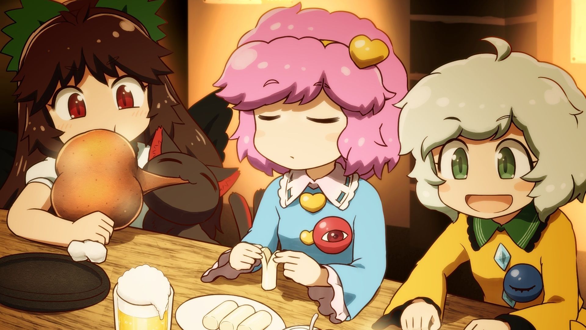 Wallpaper Touhou, eating food, anime girls