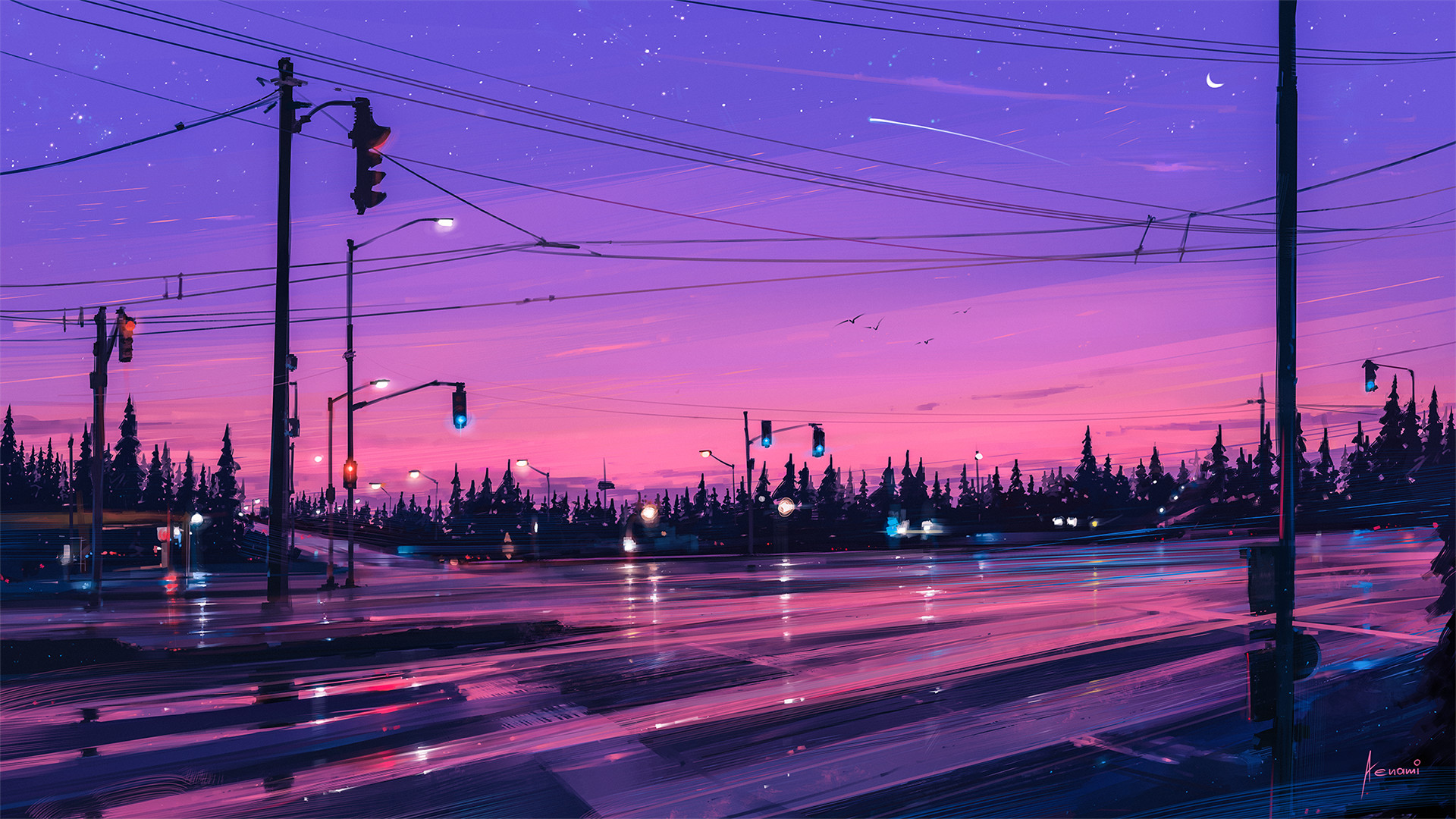 Wallpaper Traffic signals, road, night, illustration, art