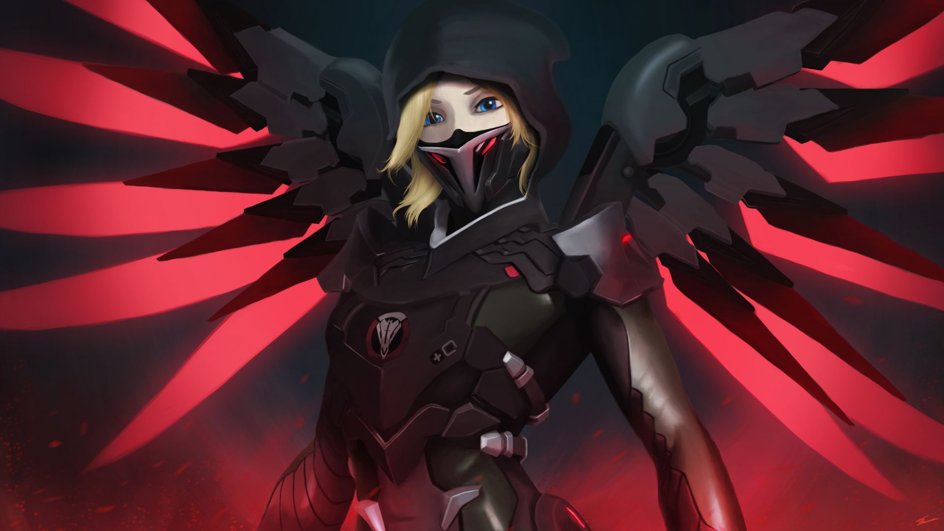 Wallpaper Mercy, dark, overwatch, mask, red wings