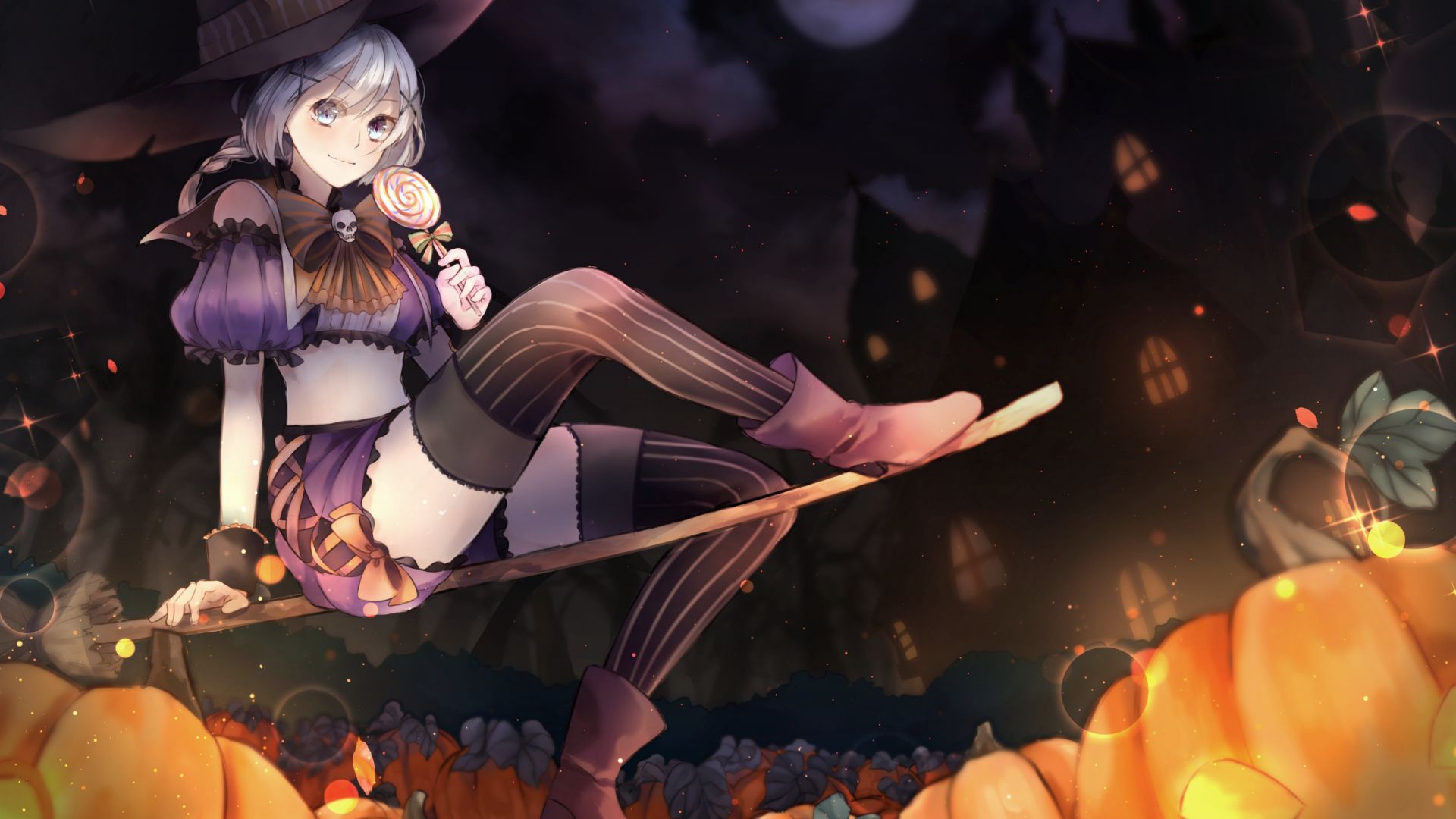 Wallpaper Halloween, anime girl, eating candy, 4k