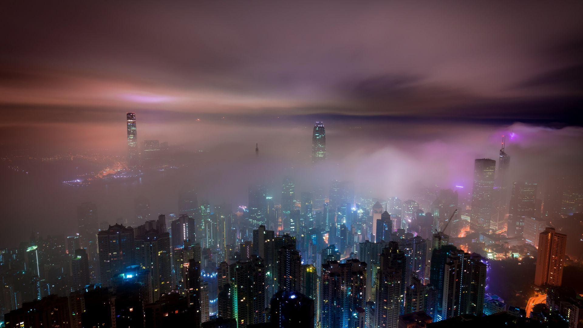 Wallpaper Clouds, aerial view, hong kong, city, night, buildings, mist