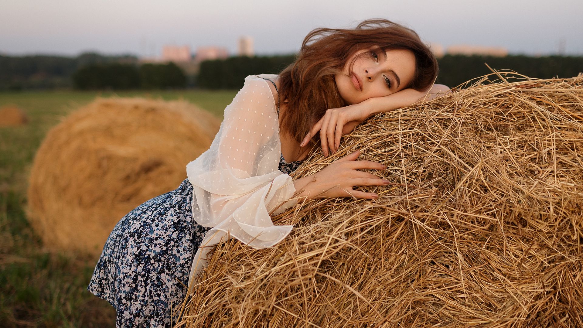 Wallpaper Outdoor, girl model, hay