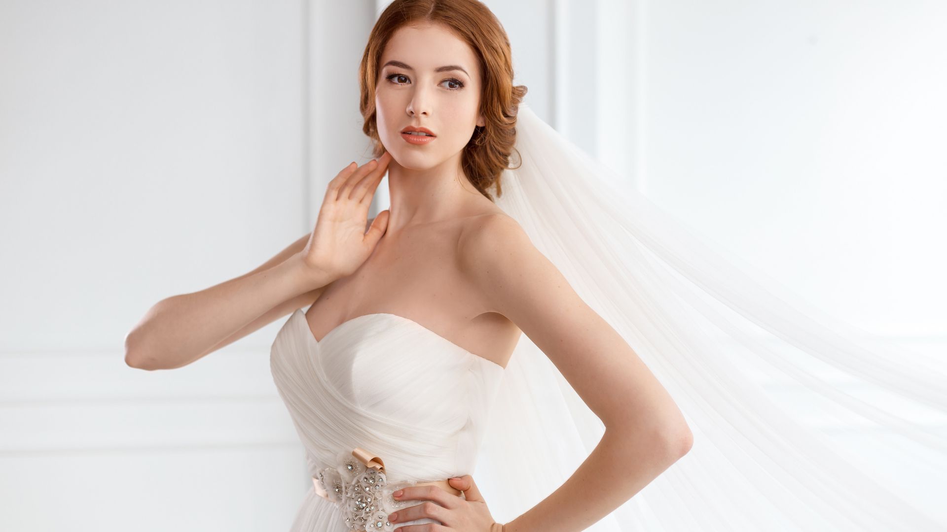 Wallpaper Wedding dress, white, girl, model, red head, 4k