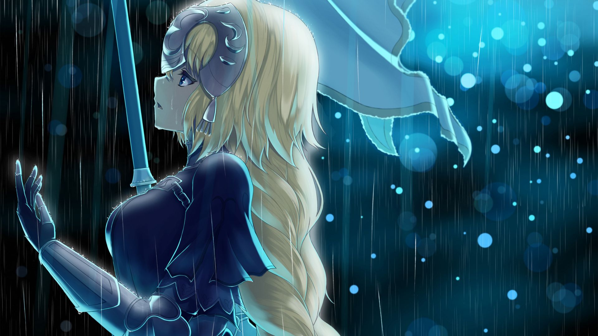 Wallpaper Blonde anime girl, rain, Saber Alter, fate series