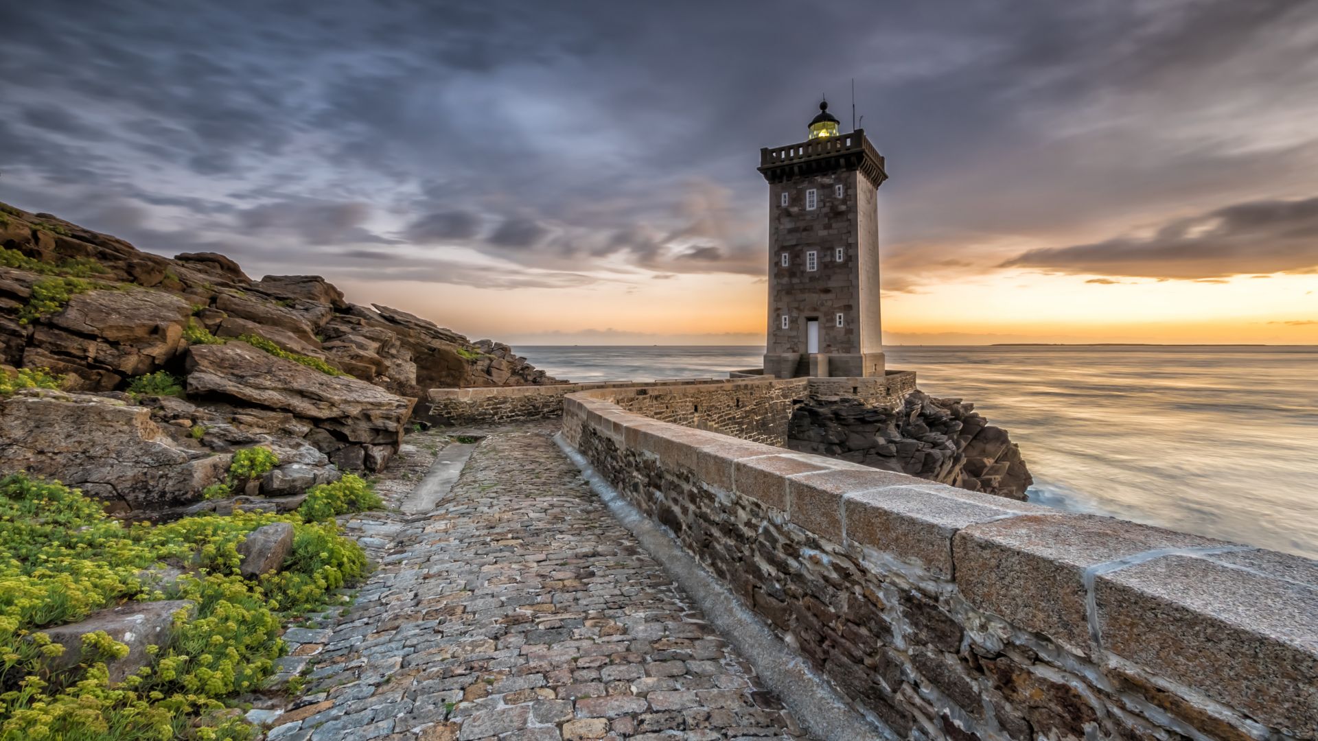 Wallpaper Lighthouse, coast, road, 5k, sunset