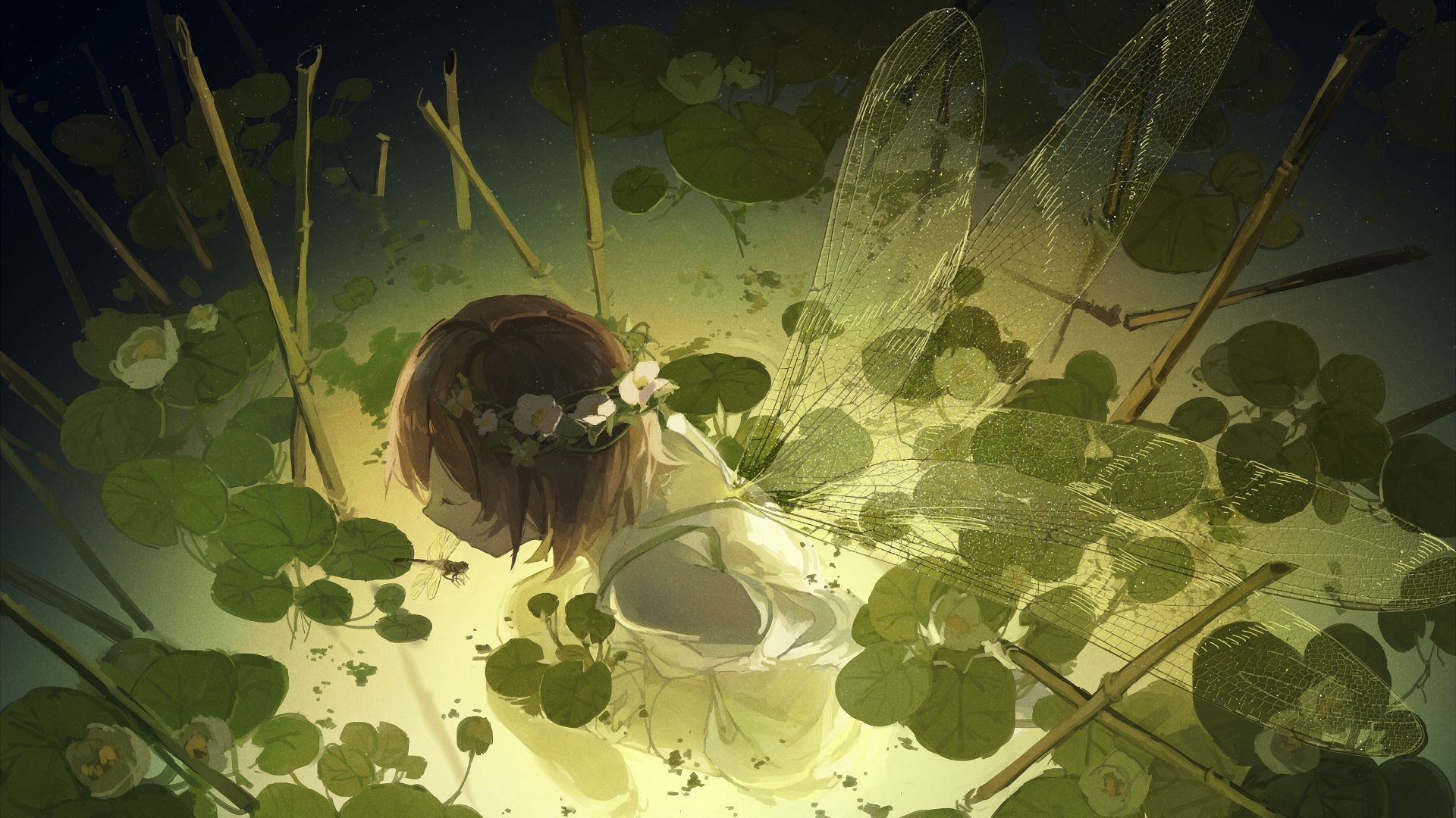 Wallpaper Original, anime girl, wings, cute, pond