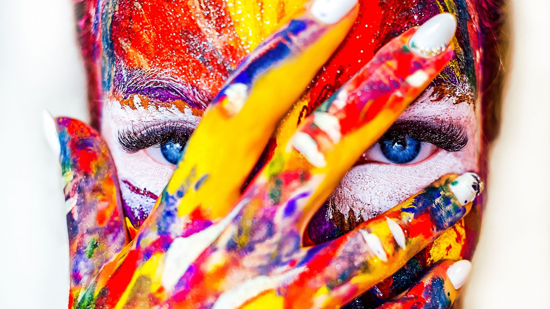 Wallpaper Paint on face and hand, colorful, close up, 4k