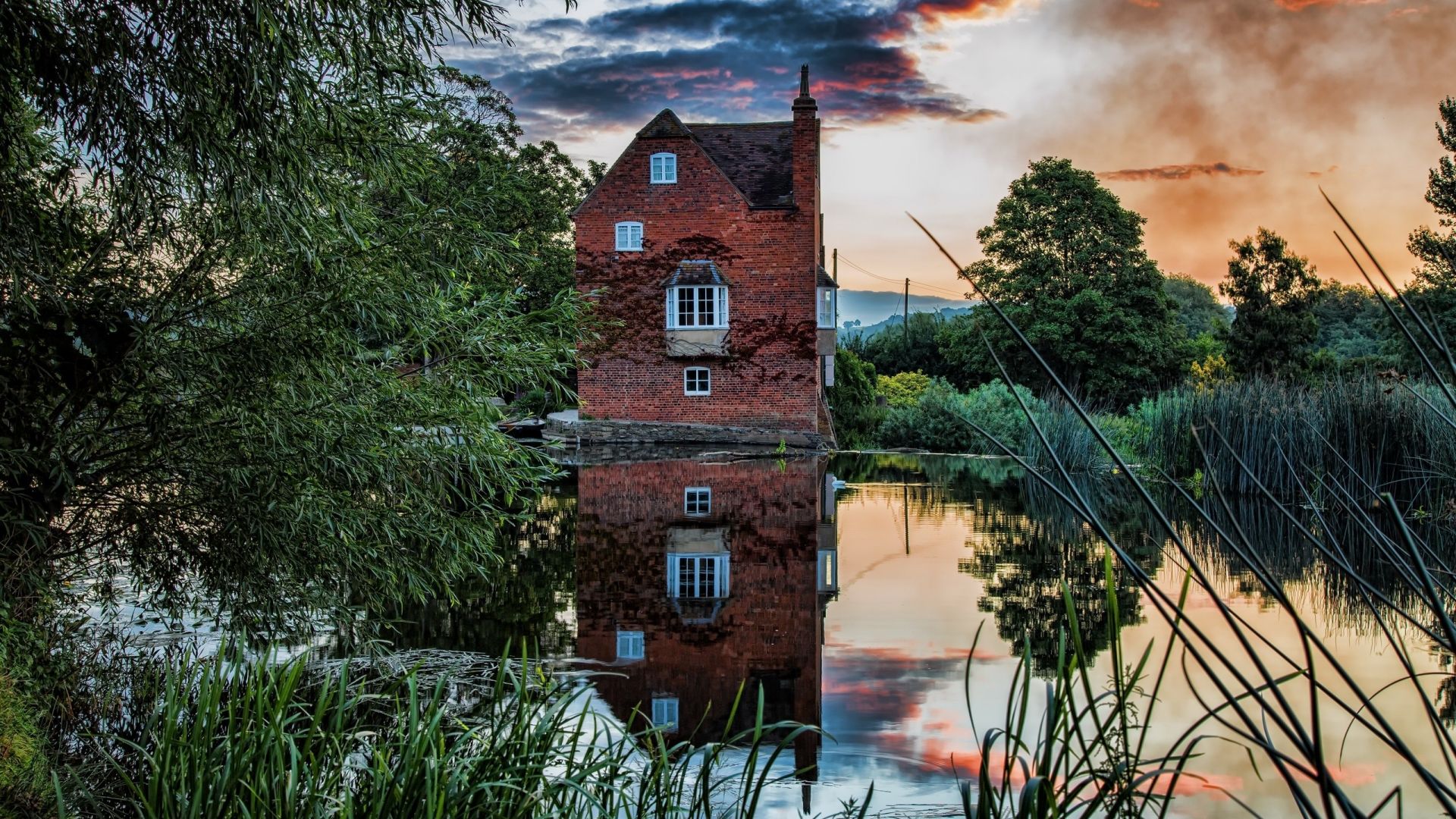 Wallpaper House, lake, reflections, grass