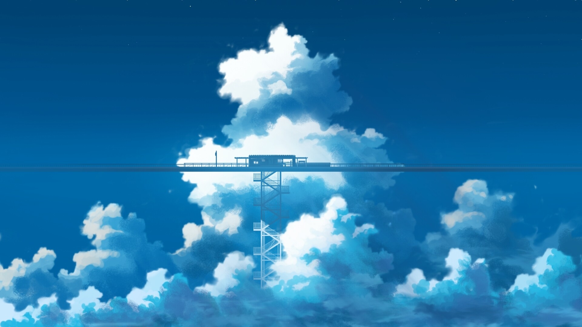 Wallpaper Clouds, train stop, anime, original