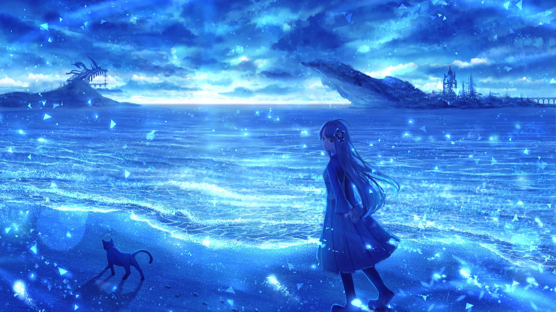 Wallpaper Cute anime girl, sea, night, fan art
