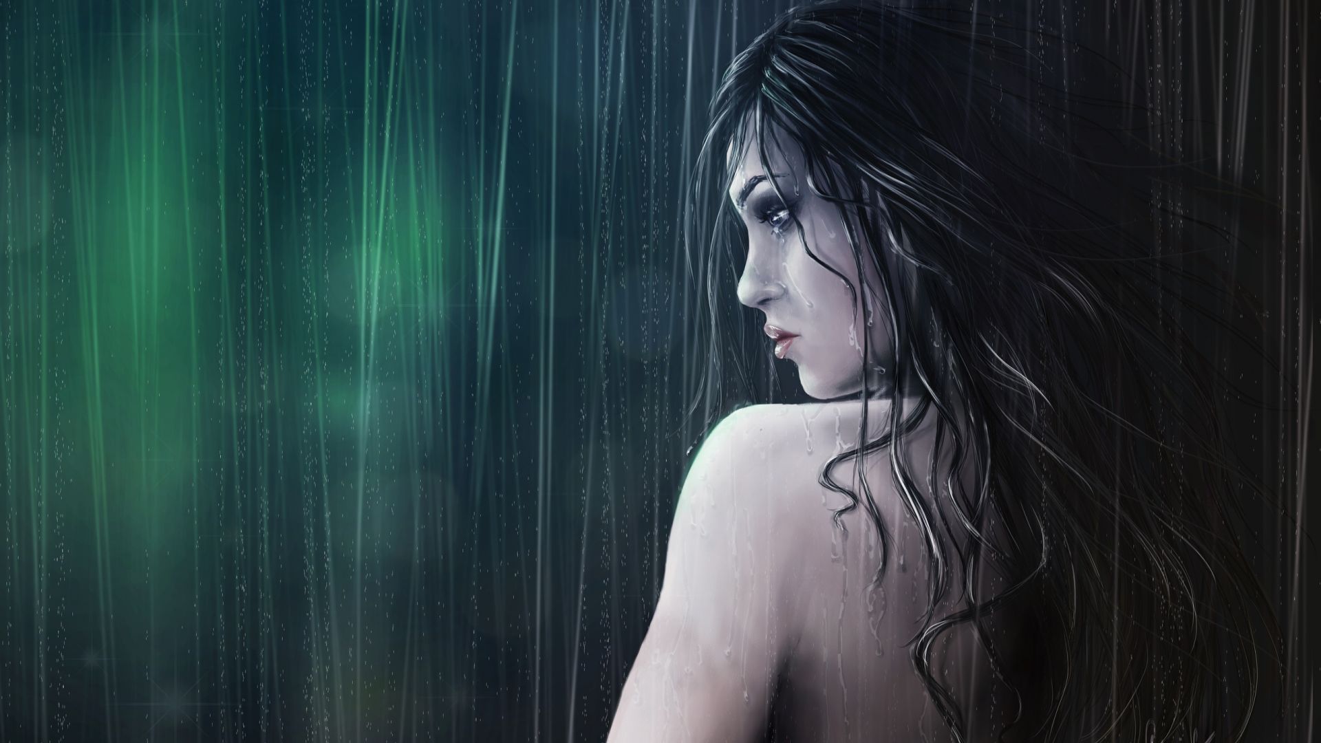 Wallpaper Rain, bare shoulder, girl, art