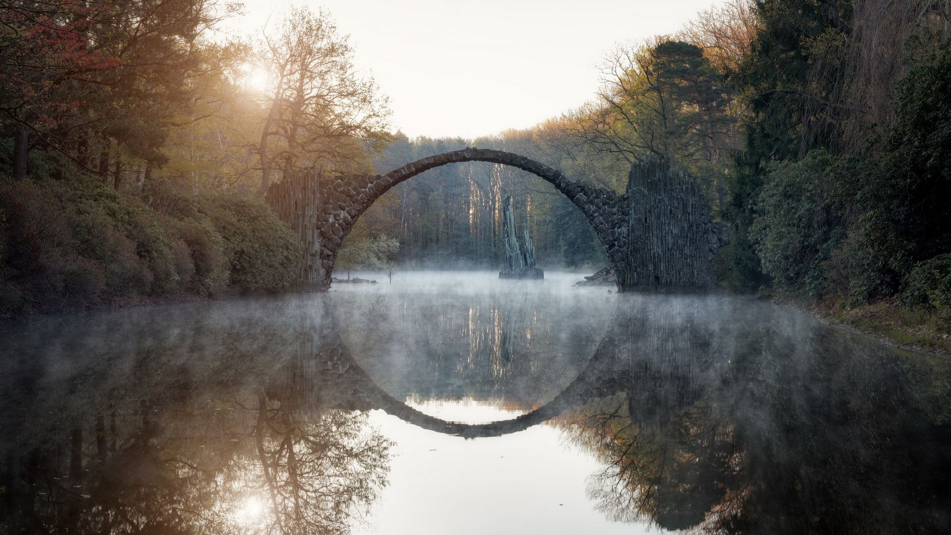 Wallpaper Bridge, river, tree, forest, reflections