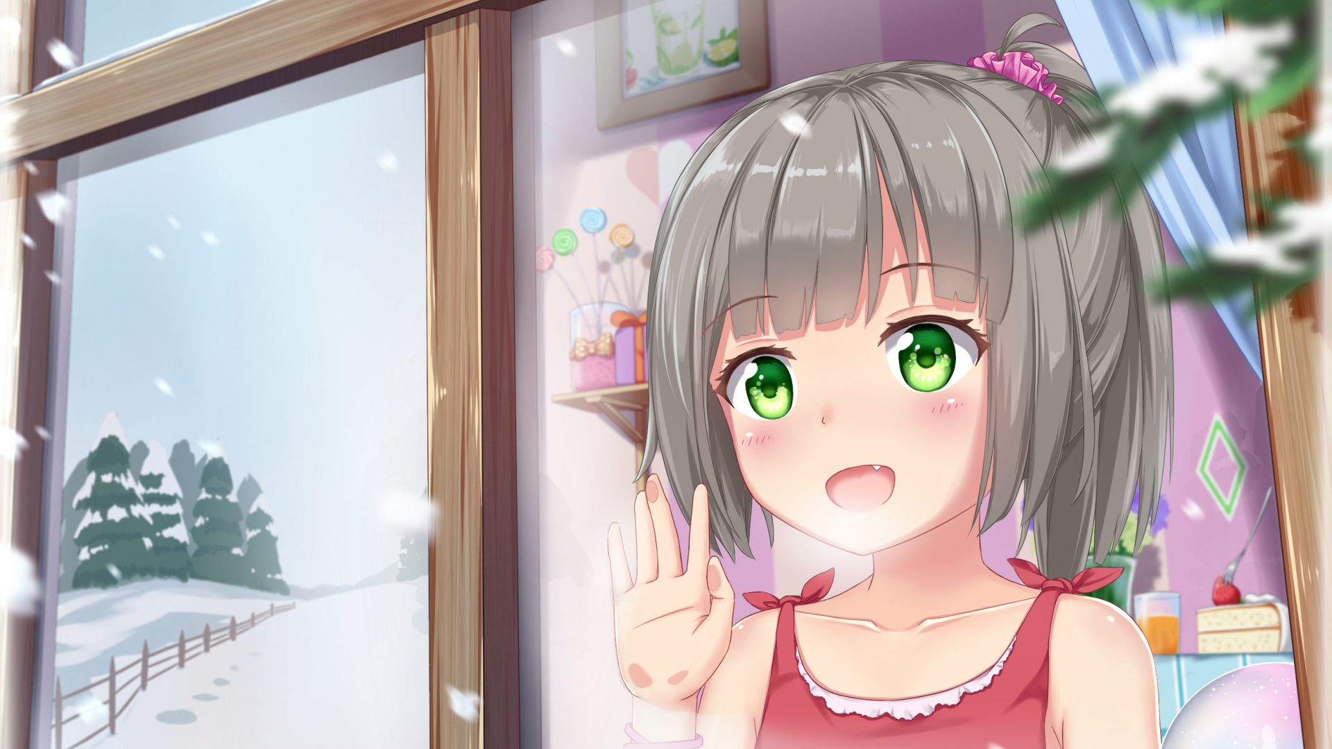 Wallpaper Looking through window, green eyes, anime girl