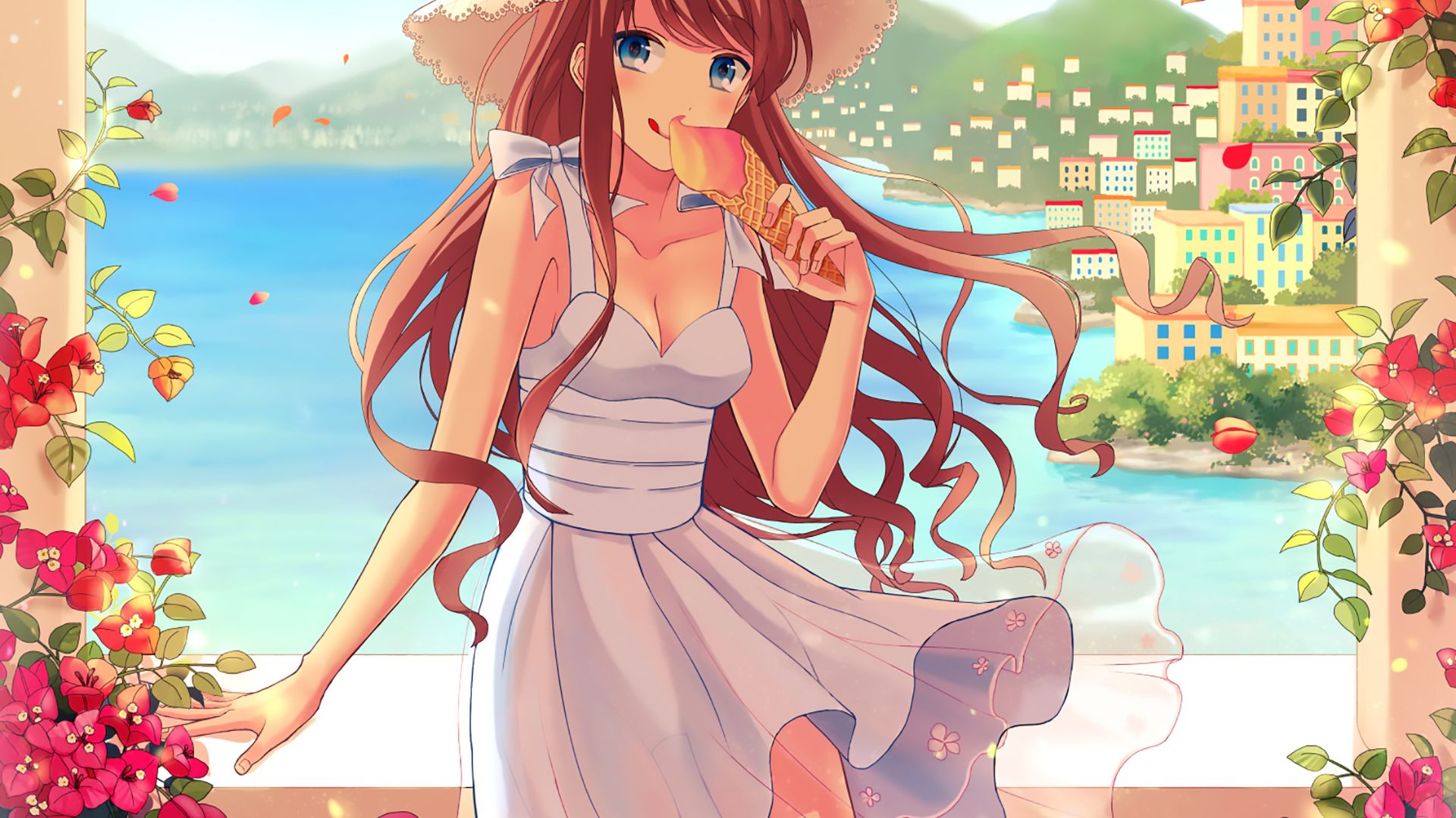 Wallpaper Cute, anime girl, eating ice-cone, original